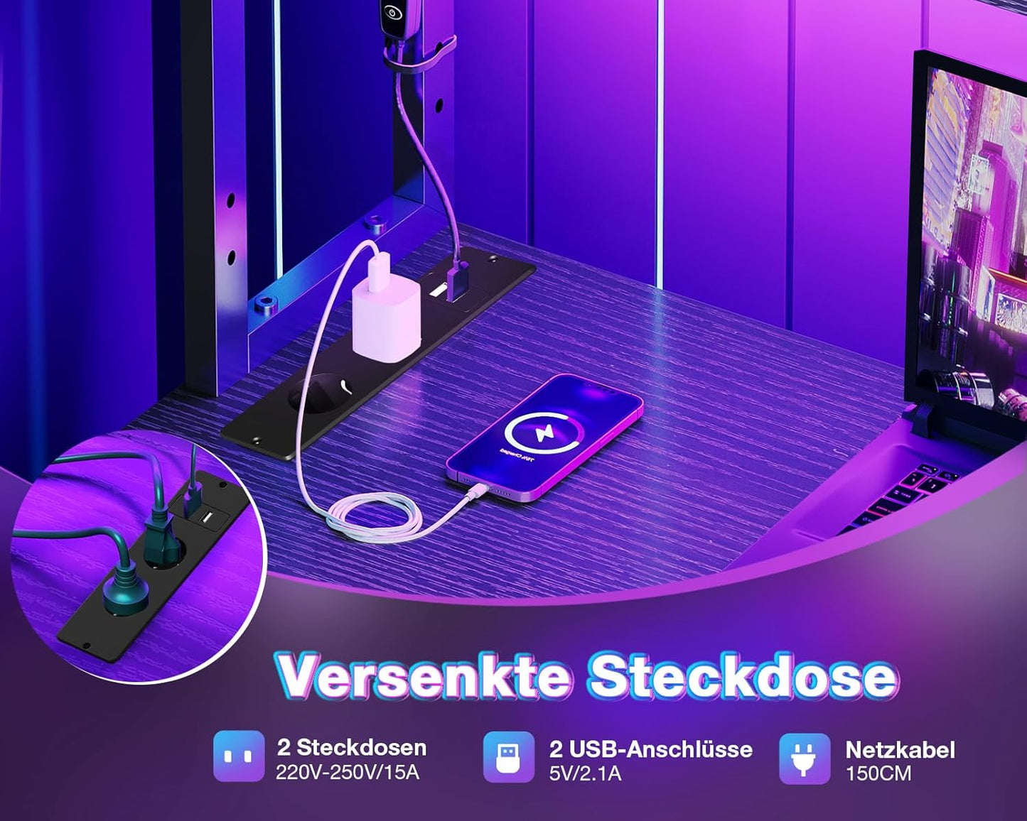 Coleshome Gaming Tisch L Form mit LED & Steckdosen, 135 × 100 cm Reversibel Gaming Schreibtisch mit Ablageregalen, Eckschreibtisch mit Aufbewahrungstasche für Homeoffice und Gaming, Schwarz