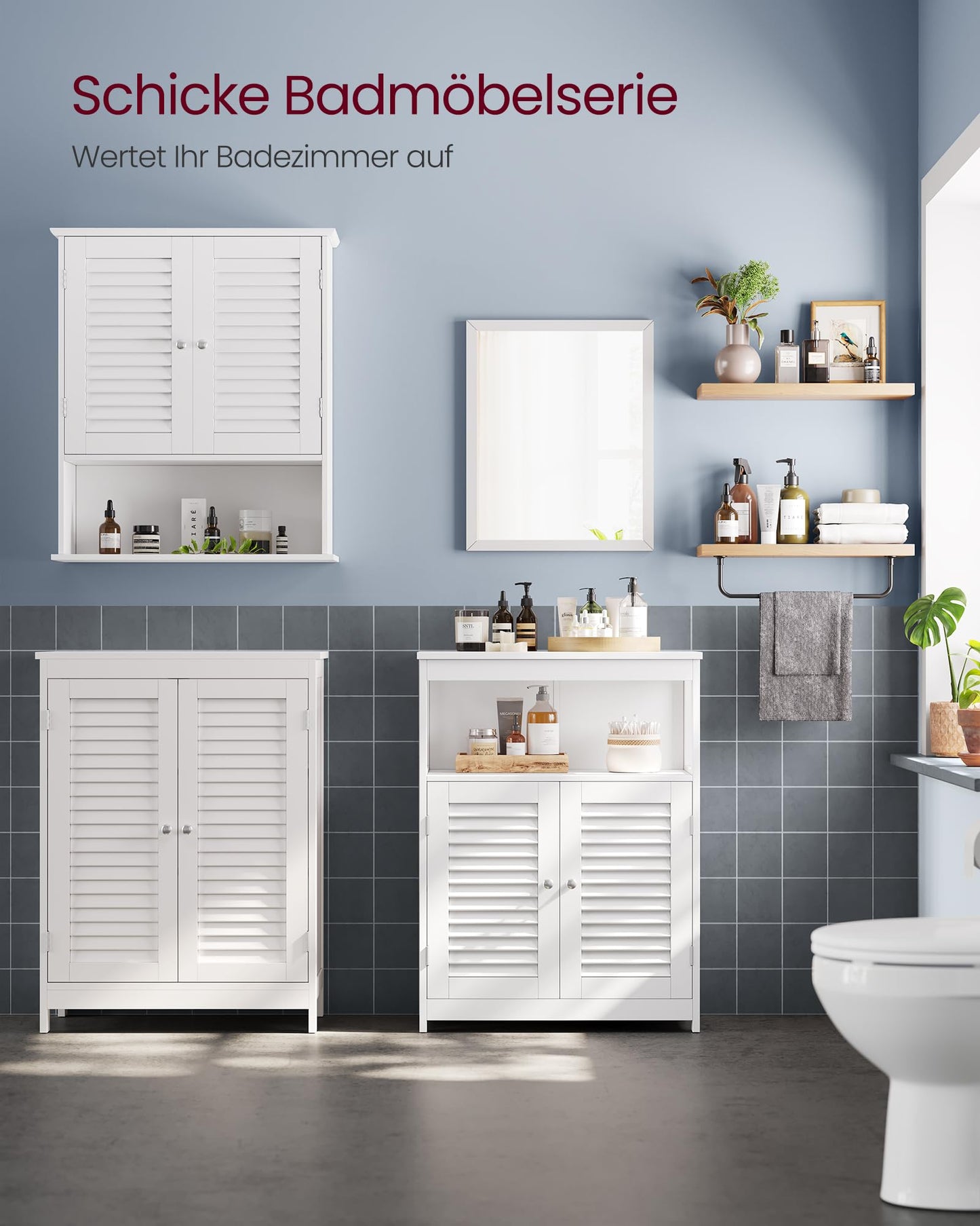 VASAGLE BBC40WT Wooden Bathroom Cupboard Organiser Shelf, Freestanding with 2 Slat Doors, White