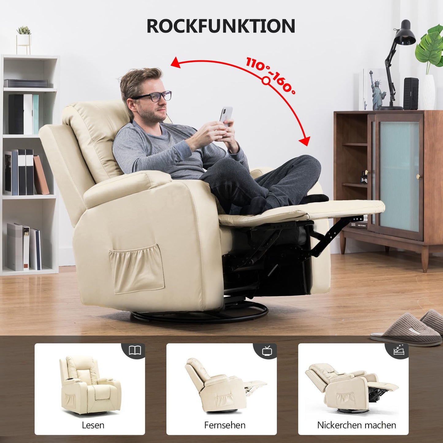 COMHOMA Relaxsessel-Set, Sofa, Sofa-Set aus Kunstleder, Fernsehsessel Ruhesessel Liegesessel mit Liege-Funktion Polstersessel Schlafsessel für Wohnzimmer Schlafzimmer Heimkino,Schwarz, 3+2+1