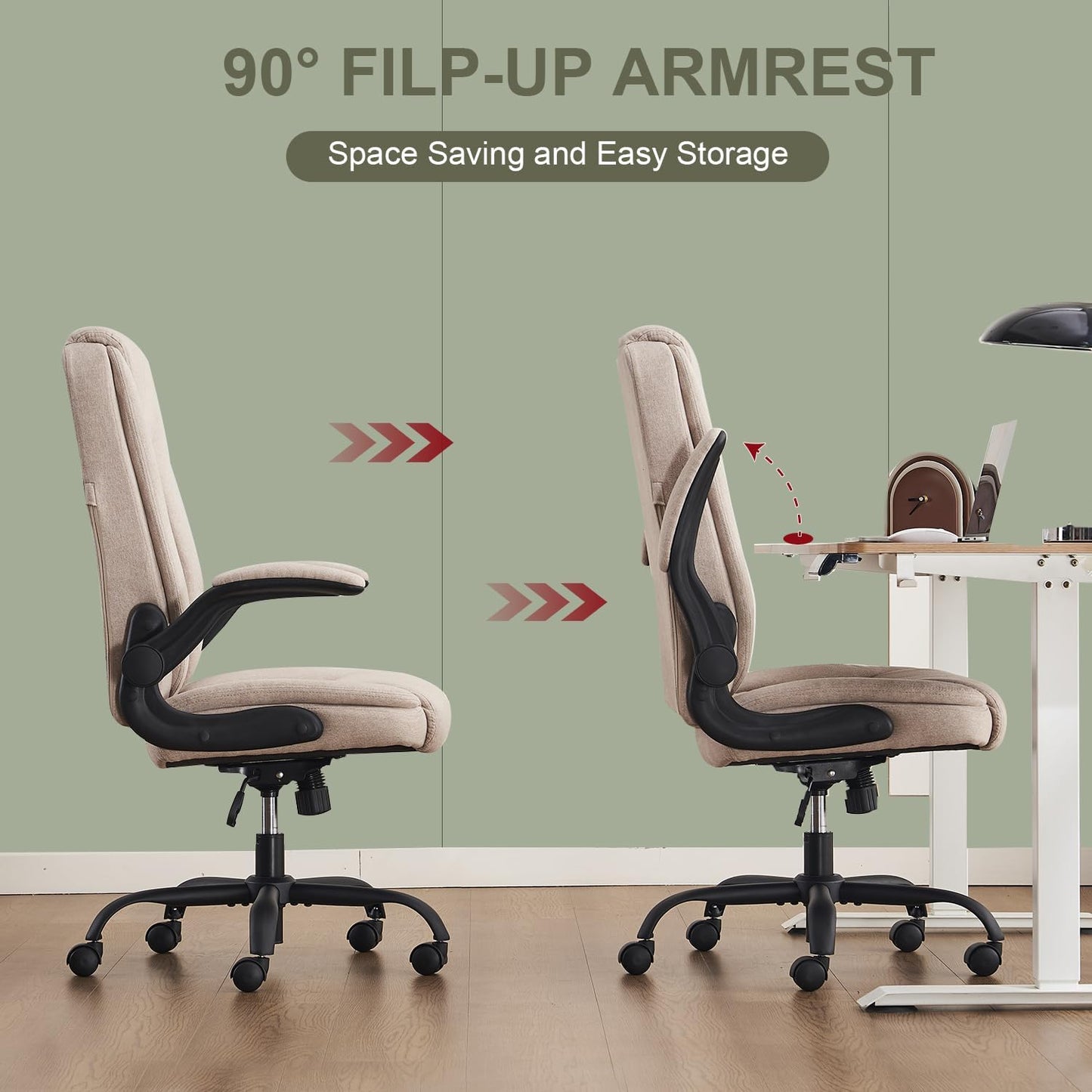CASTLOVE Bürostuhl Ergonomisch Schreibtischstuhl Chefsessel Mit Gepolsterten Armlehnen Klappbar, H?henverstellung, Wippfunktion und Kopfstütze Bequem für Home-Office Bürostuhl 150kg Beige Stoff