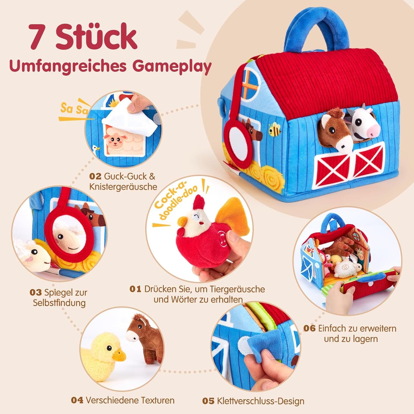 hahaland Bauernhof Baby Spielzeug 6 Monate mit 2-in-1 Scheunen & Spielmatten,7 Sensorik Plüschtiere Set– Macht Tiergeräusche & Spricht Englische Tiernamen,Montessori Baby Geschenk ab 6 7 8 9 10 Monate