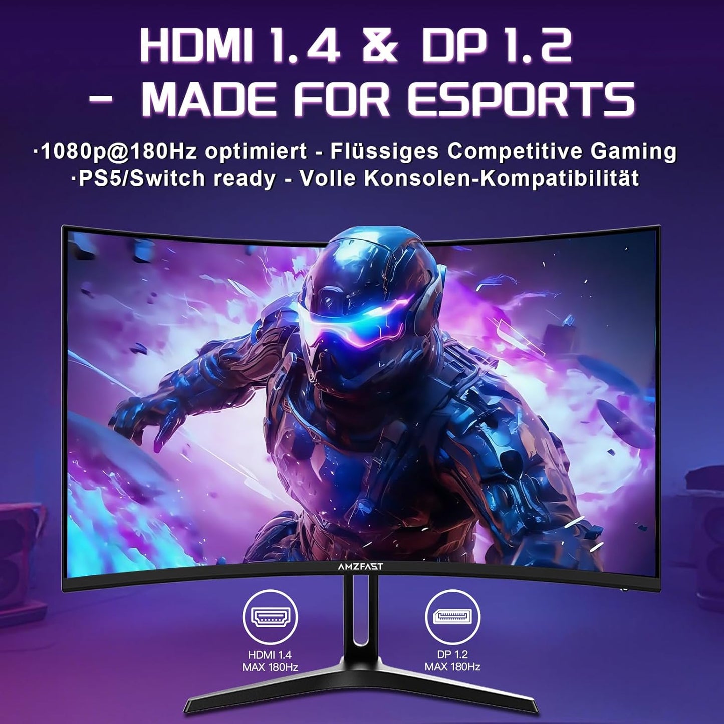 Amzfast 32 Zoll Curved Gaming Monitor (240Hz, 1920x1080, 1ms MPRT, 1500R), Adaptive-Sync, 90% DCI-P3, 120% sRGB, 300cd/m², HDMI 2.0 & DisplayPort 1.4 (AMZG32C3F)