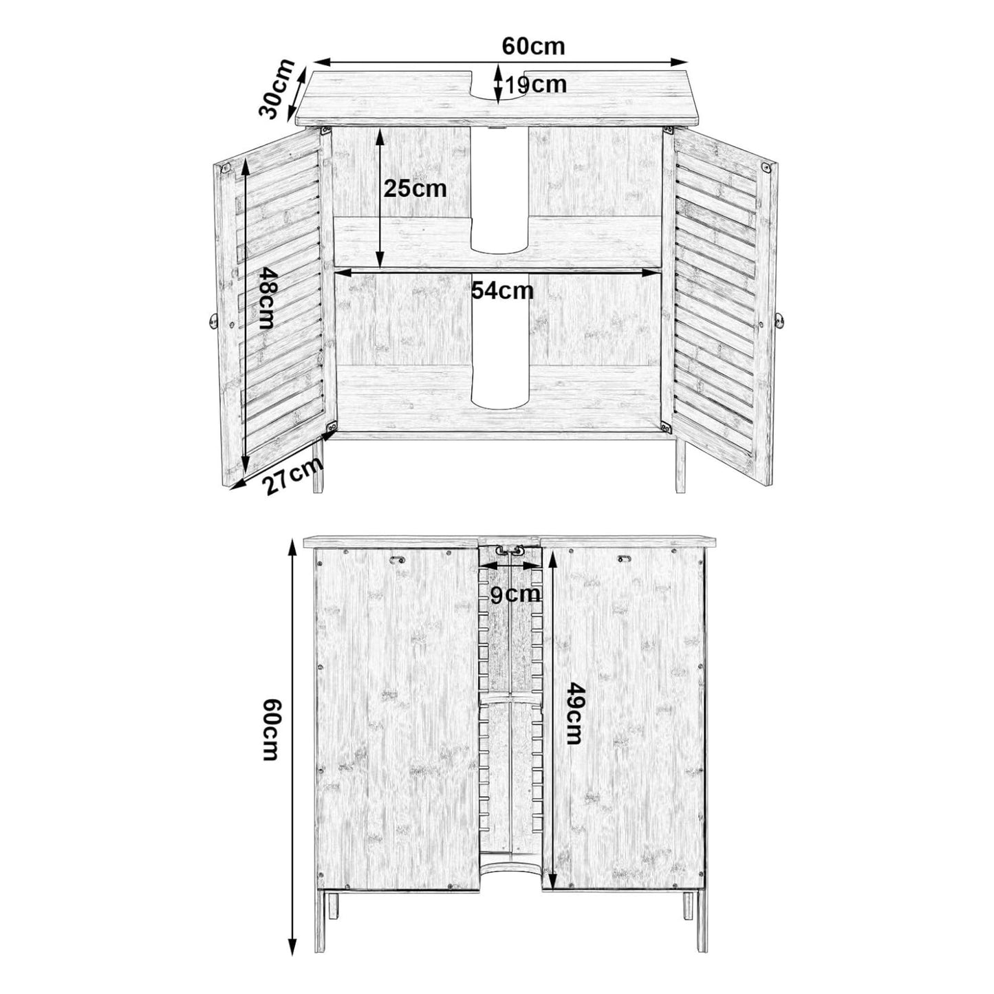 EUGAD Under Basin Vanity Unit Bathroom Cupboard with 2 Doors 60 x 30 x 60 cm, Bamboo