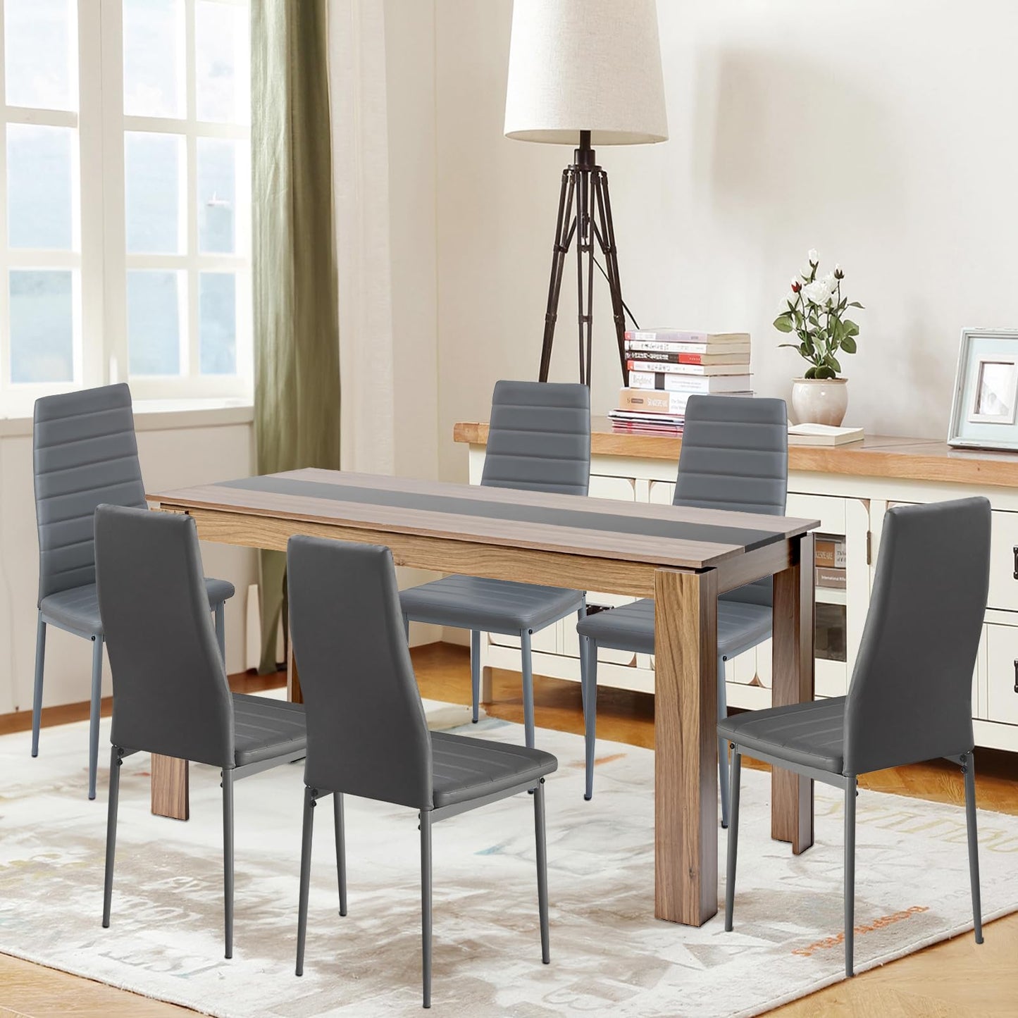 FURNITABLE Esstisch mit 6 Stühlen Esszimmergruppe, Essgruppe mit Hochlehner Kunstleder Stuhl für 6 Personen, Sitzgruppe für Küche Wohnzimmer(160cm Eiche-Weiß Tischbein Tisch+6 Schwarz Stühle)