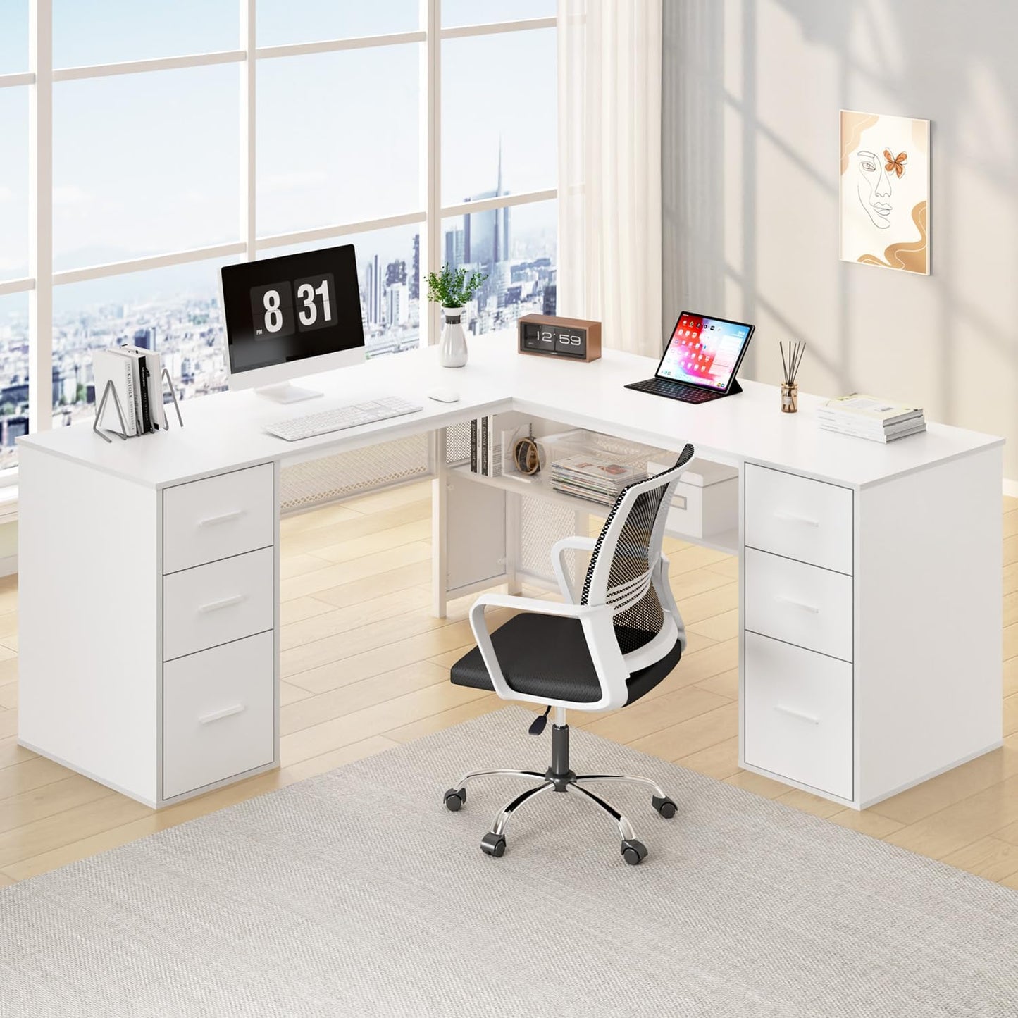 HSH - Black L Shape Corner Desk with Filing Drawers and Shelves, Reversible Corner Desk Made of Metal and Wood with Storage Cabinets
