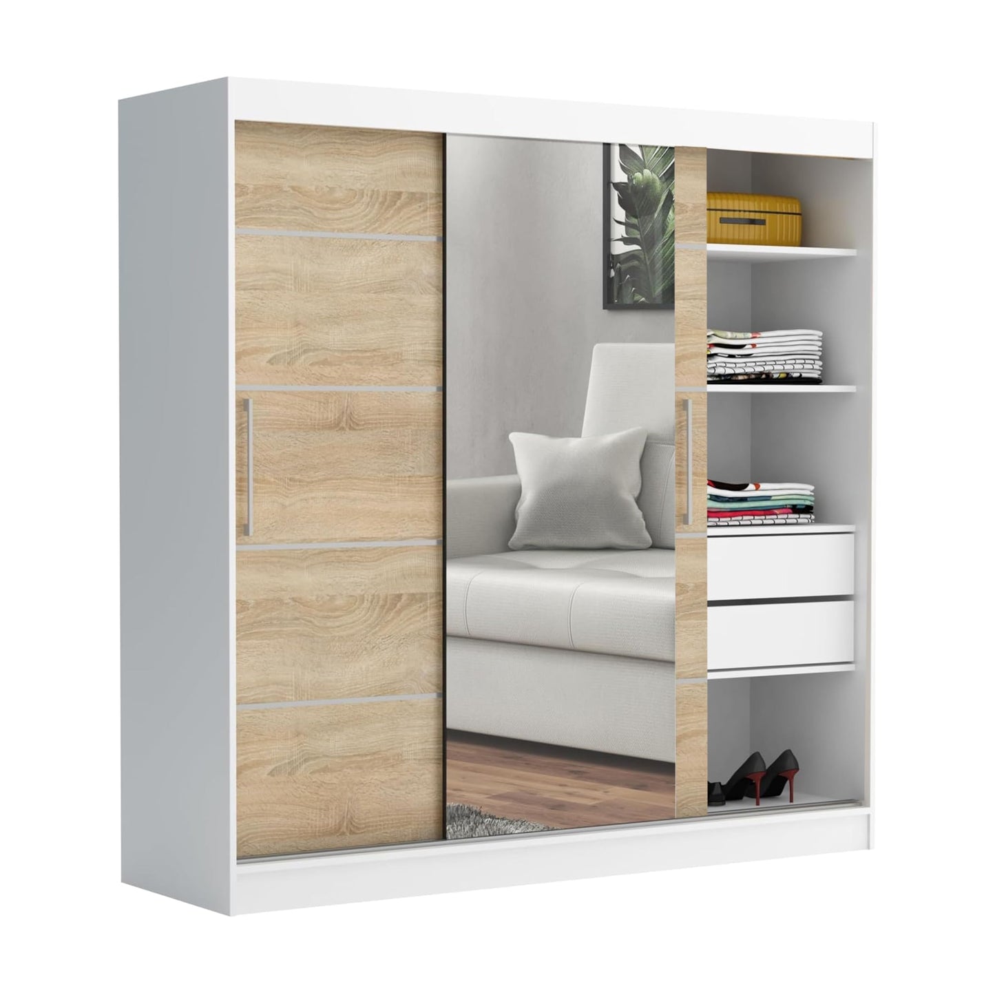 Brent - Kleiderschrank mit Spiegel und Schubladen 200cm Breit Chelsea Tomy, Schwebetürenschrank mit Spiegel, Schlafzimmerschrank, Kleiderschrank Schwarz/Wotan Eiche