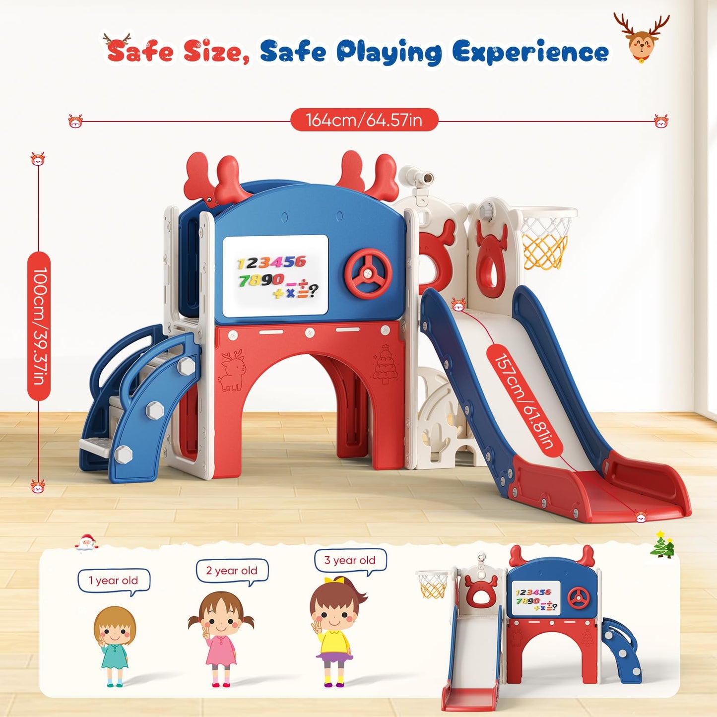 Krovtoy Kleinkindrutsche mit Weihnachtselch-Motiv, freistehende Kleinkindrutsche mit Golf-Set, Babyrutsche, Spielplatzgerät, für den Innen- und Außenbereich (Grau Beige - 6 in 1)