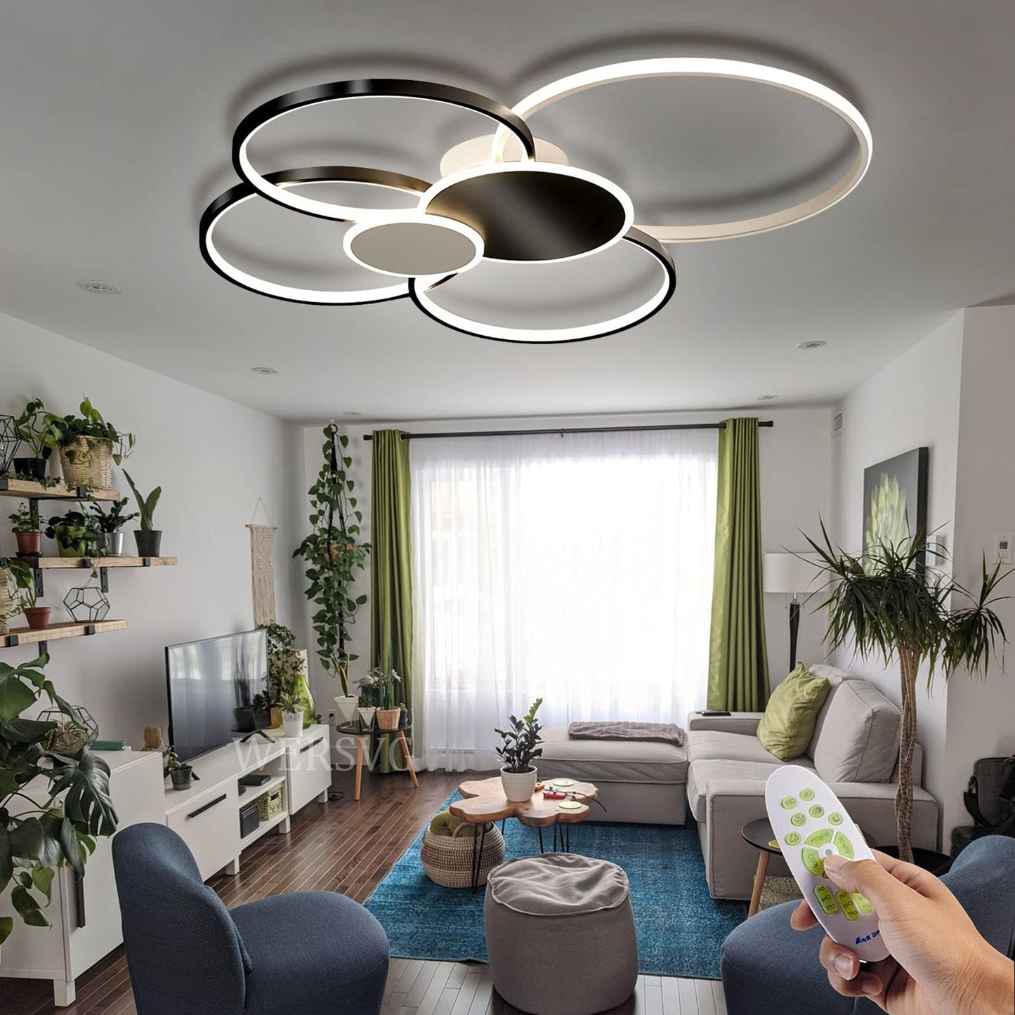 WERSVG L80cm Modern LED Deckenleuchte Wohnzimmer Deckenlampe gold 6-Ring Deckenleuchte 70W 5600LM Dimmbar 3500K - 6500KMit Fernbedienung flurlampe decke, für Wohnzimmer Schlafzimmer Küche Esszimmer