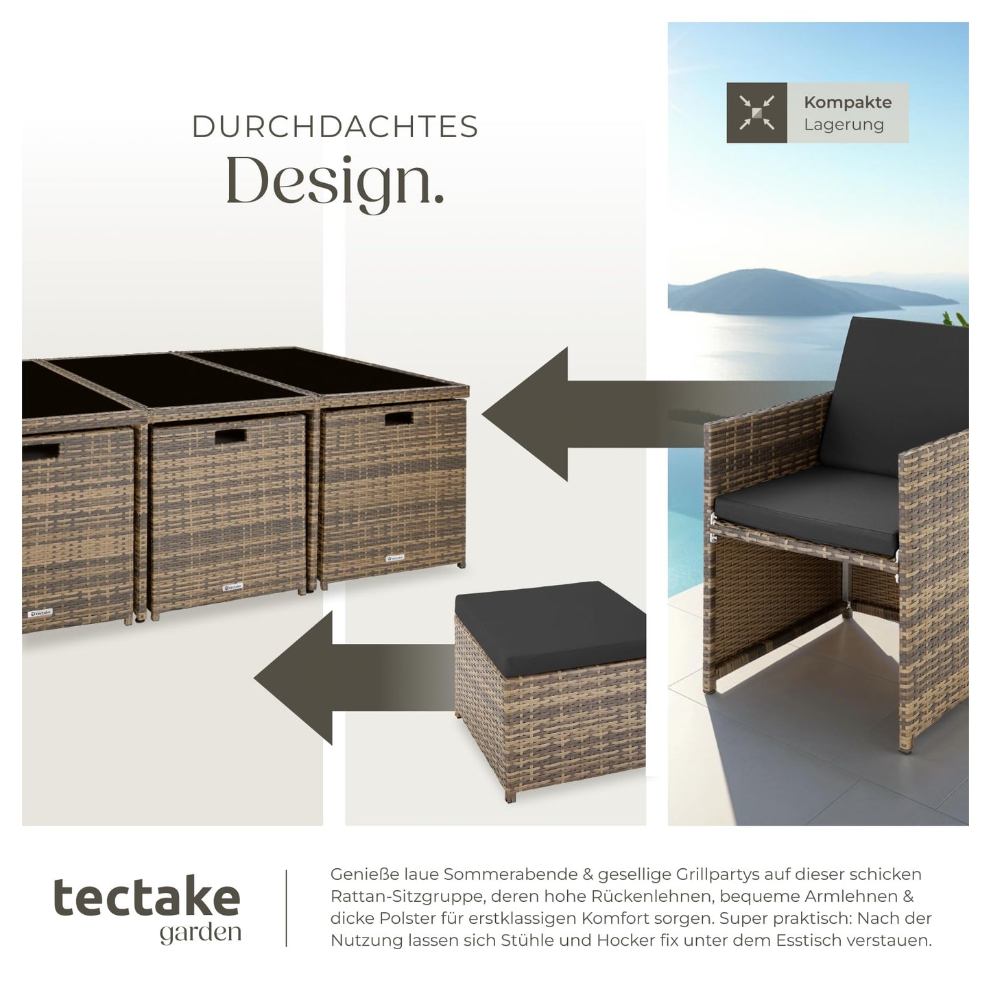 tectake Polyrattan Gartenmöbel Set, Sitzgruppe mit 6 Stühle +1 Glasplatte Tisch + 4 Hocker, Gartenlounge Set klappbar, für bis zu 10 Personen, Balkon Möbel, inkl. 2 Bezugsset - Natur