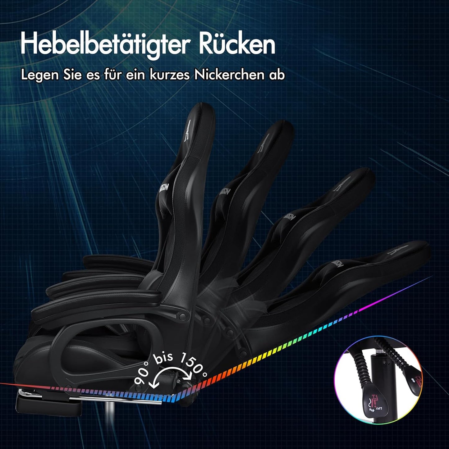 ALFORDSON Racing Gaming Stuhl, Massage Gamer Stuhl mit 12 LED Farben RGB Beleuchtung, Ergonomischer Sessel mit Lordosenstütze, Liegestuhl mit Fußstütze, PU Leder, Schwarz