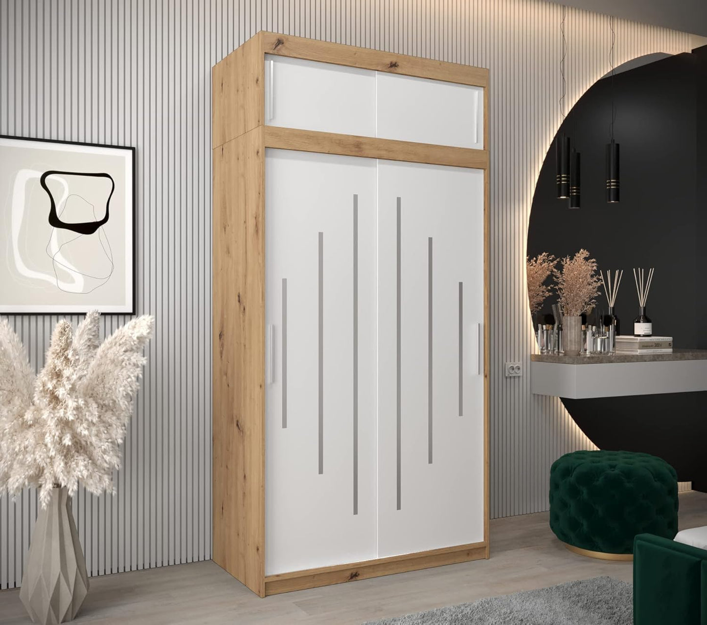 Kryspol Schwebetürenschrank York 250 cm Kleiderschrank mit Kleiderstange und Einlegeboden Schlafzimmer- Wohnzimmerschrank Schiebetüren Modern Design (Weiß)