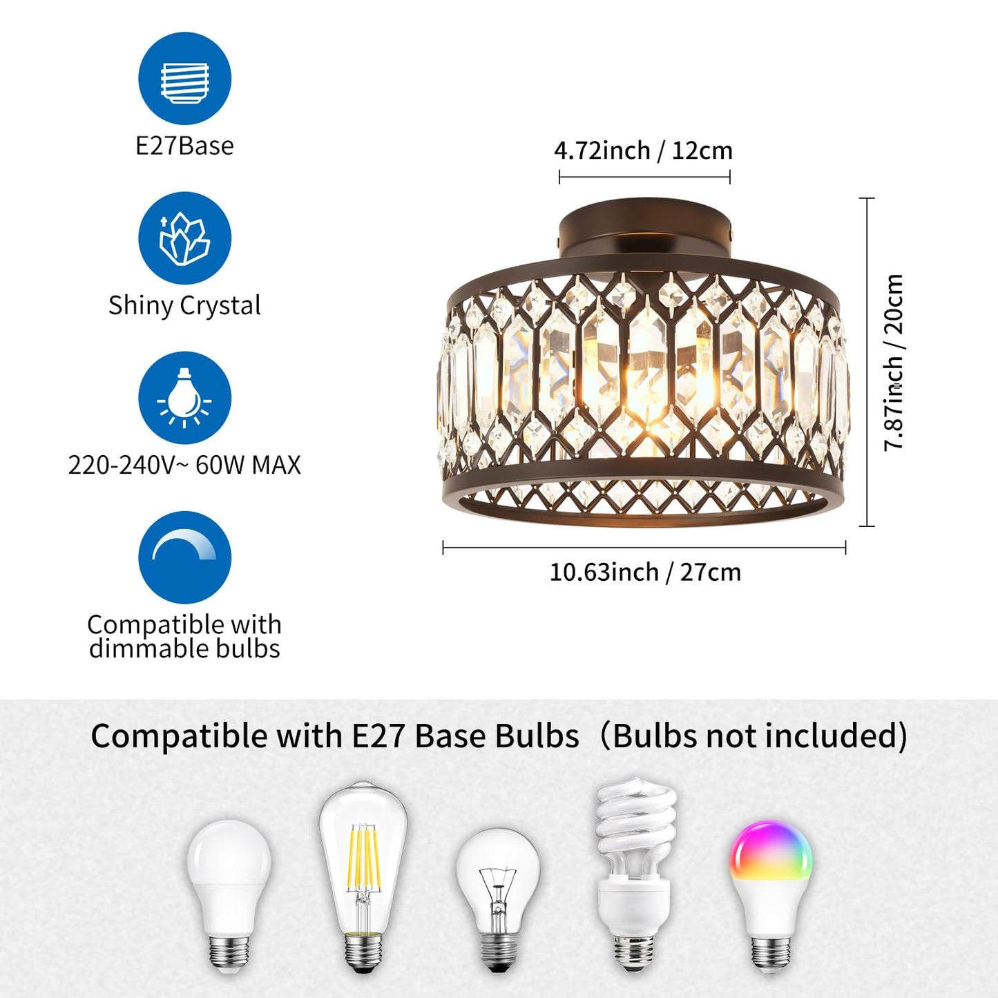 ANWIO Ceiling Light Living Room, Modern Crystal Ceiling Light Black Living Room, E27 Crystal Chandelier Bedroom with Glass Lampshade for Dining Room, Kitchen, Hallway, Office, Diameter 27 cm
