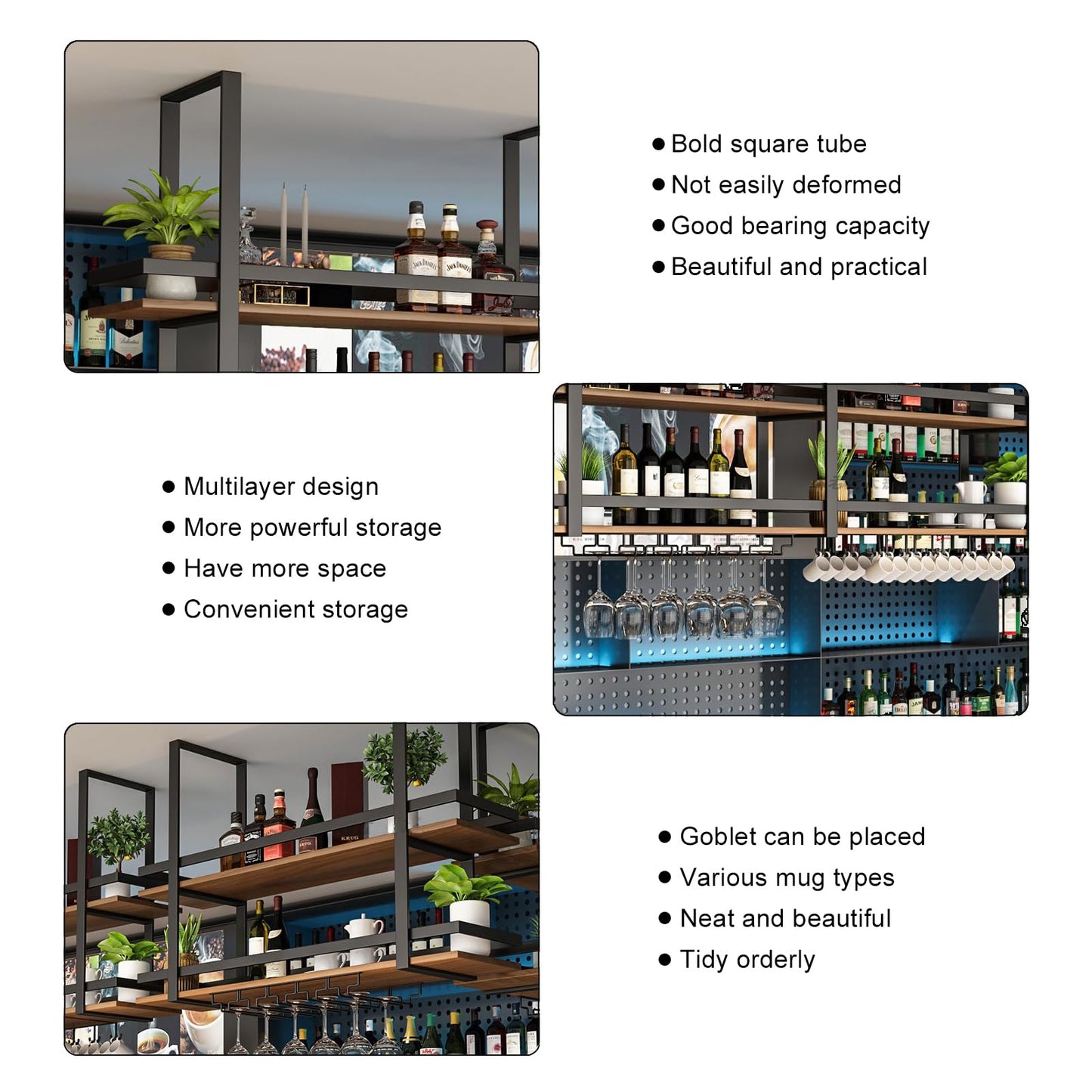 Ceiling Shelf Wine Rack - Ceiling Shelf Hanging Metal Wine Glass Rack, 2-Layer Industrial Hanging Wine Bottle Holder with Glass Shelf for Stemware, for Bar, Cafe, Kitchen (Black, 100 x 30 x 80 cm)