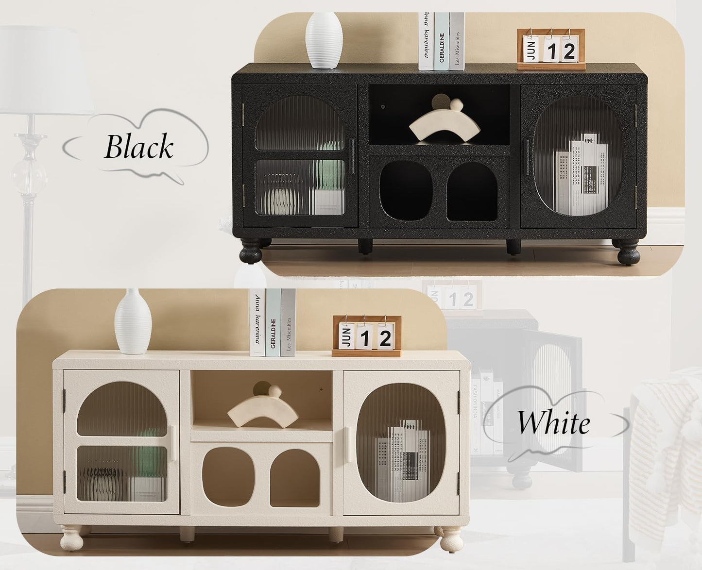 Ya-Home Lowboard with 2 Glass Doors Storage Cabinet with Compartments Sideboard with Solid Wood Legs for Living Room Black