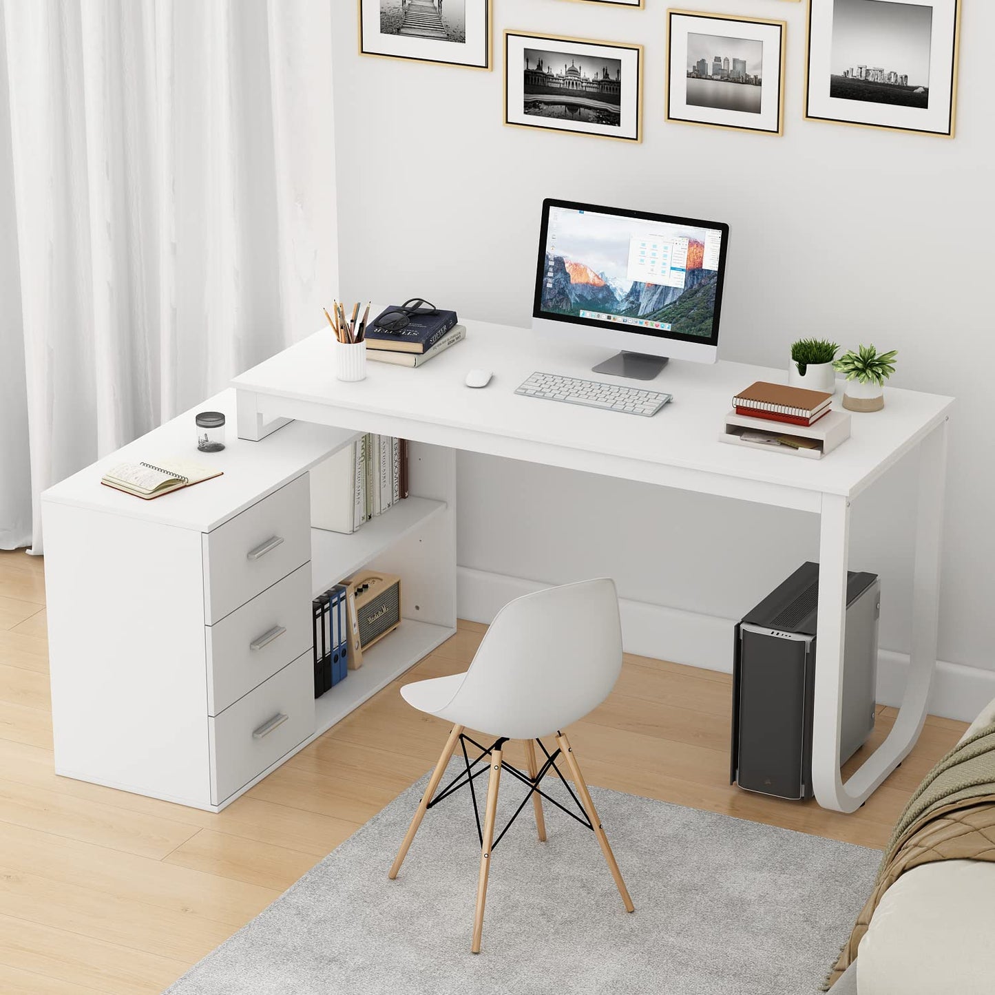 130cm Großer L Förm Schreibtisch mit 105cm Aktenschrank, Eckschreibtisch Computertisch mit 3 Schubladen & 2 Regalen, Arbeitsplatz Executive-Schreibtisch mit Lagerregal für Home Office (Schwarz)