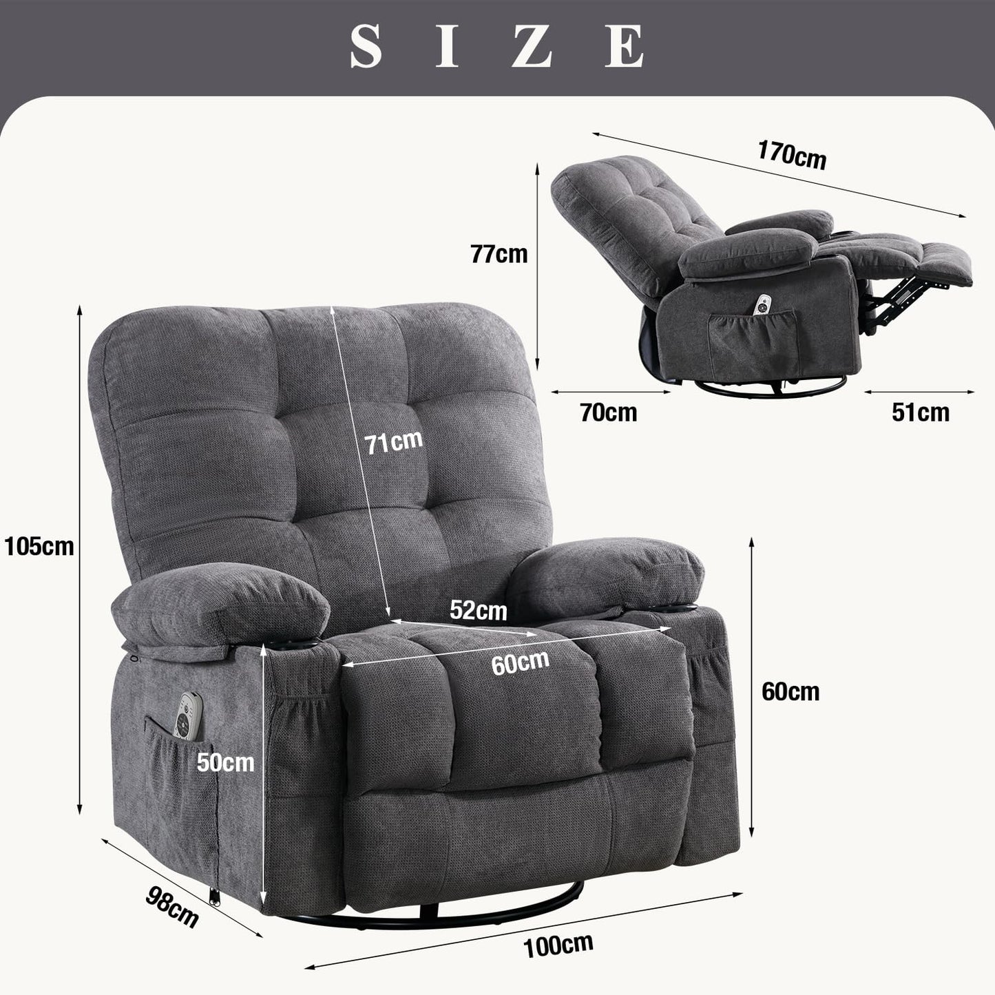 Bosmiller Relaxsessel mit Liegefunktion Massagesessel Oversize Fernsehsessel 360°Drehbarer Liegesessel Heizung Verstellbar Sessel Stoff