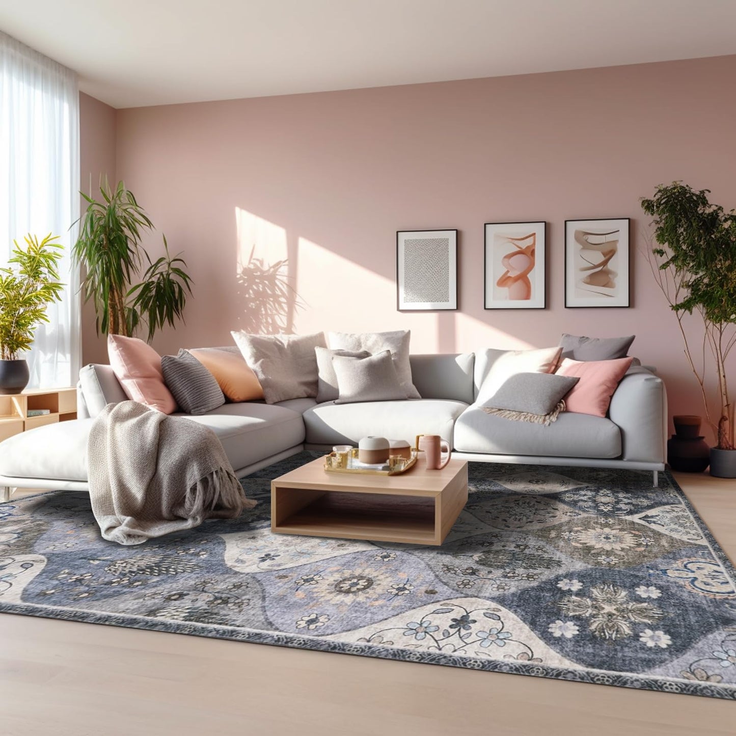 Xfrog Blumen Boho Teppich - Rutschfester Waschbarer Ultraweicher Antiker Niedriger Flor Flächenteppich für Wohnzimmer, Schlafzimmer, Kinderzimmer - 80 x 150 cm