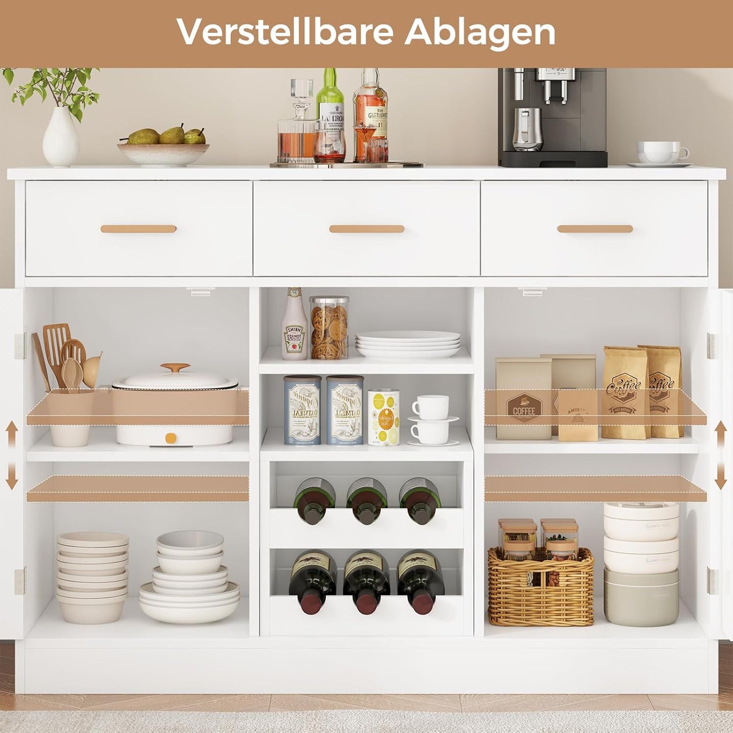 Küchenschrank mit Arbeitsfläche, Buffetschrank mit 3 Schubladen, Sideboard mit Steckdose, Flexibles Weinregal, Seitliches Ablagefach, Verstellbare Ablagen, Küche, Esszimmer, 40X107X80 cm, Weiß