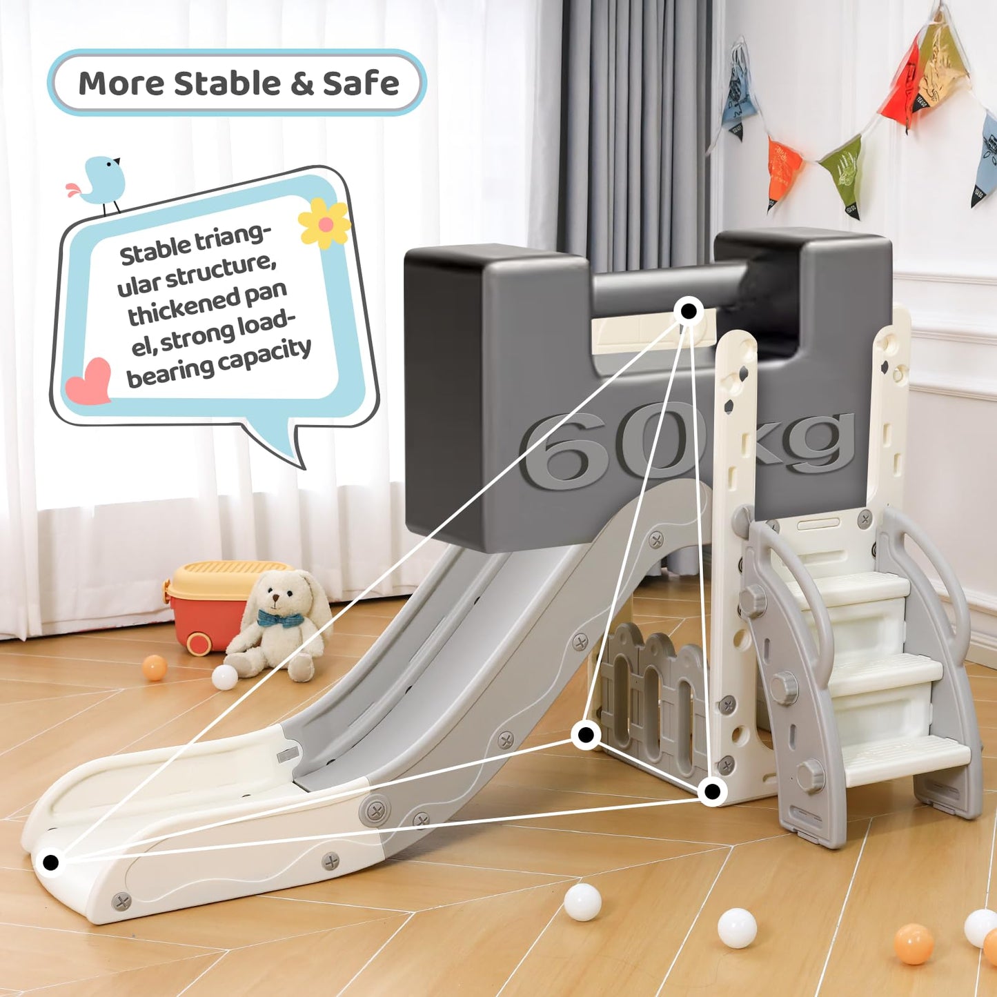 Kinderrutsche, für 1-3 Jahre, Indoor & Outdoor Rutsche ab 1 Jahre, Freistehende Rutsche mit Stauraum & Spielteleskope, Gartenrutsche, Kinder Spielplatz, mit 2PCS Moduls, Grün Grau