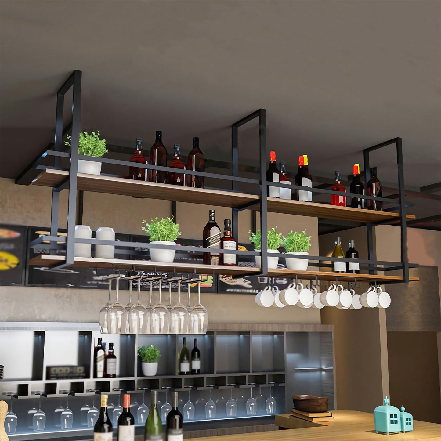 KEPMOGOH Deckenregal Weinregal mit Glashalter, Schwebendes Hängeregal 2-Lagiger Industrieller Hängender Weinflaschenhalter, Schwarzes Metall-Deckenregal für Bar-Café-Küche (Schwarz, 160×30×80cm)