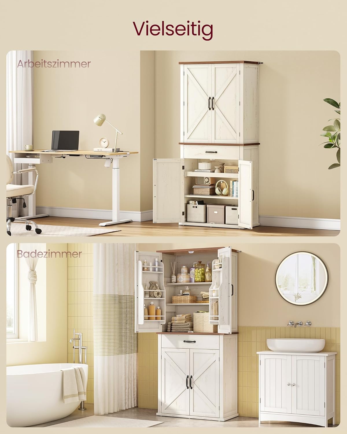 VASAGLE Kitchen Cabinet 70" Tall Multi Purpose Cabinet Country Style with Sliding Doors Drawer Shelf and Adjustable Shelves Kitchen Dining Room Vintage White BBK364W02