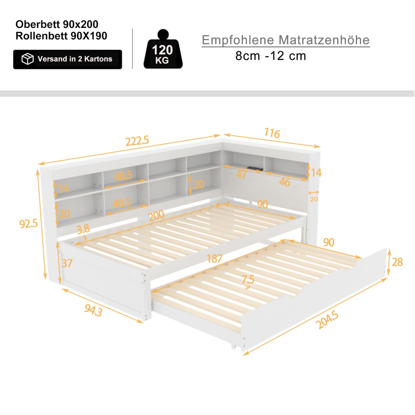 xixiworkshop Kinderbett 90x200cm Ausziehbett Bett mit Stauraum und USB-Steckdose/Mehreren Ablagefächern multifunktionales Jugendbett/Gästebett/Doppelbett mit Stauschrank Lattenrost,Ohne Matratze,Grau