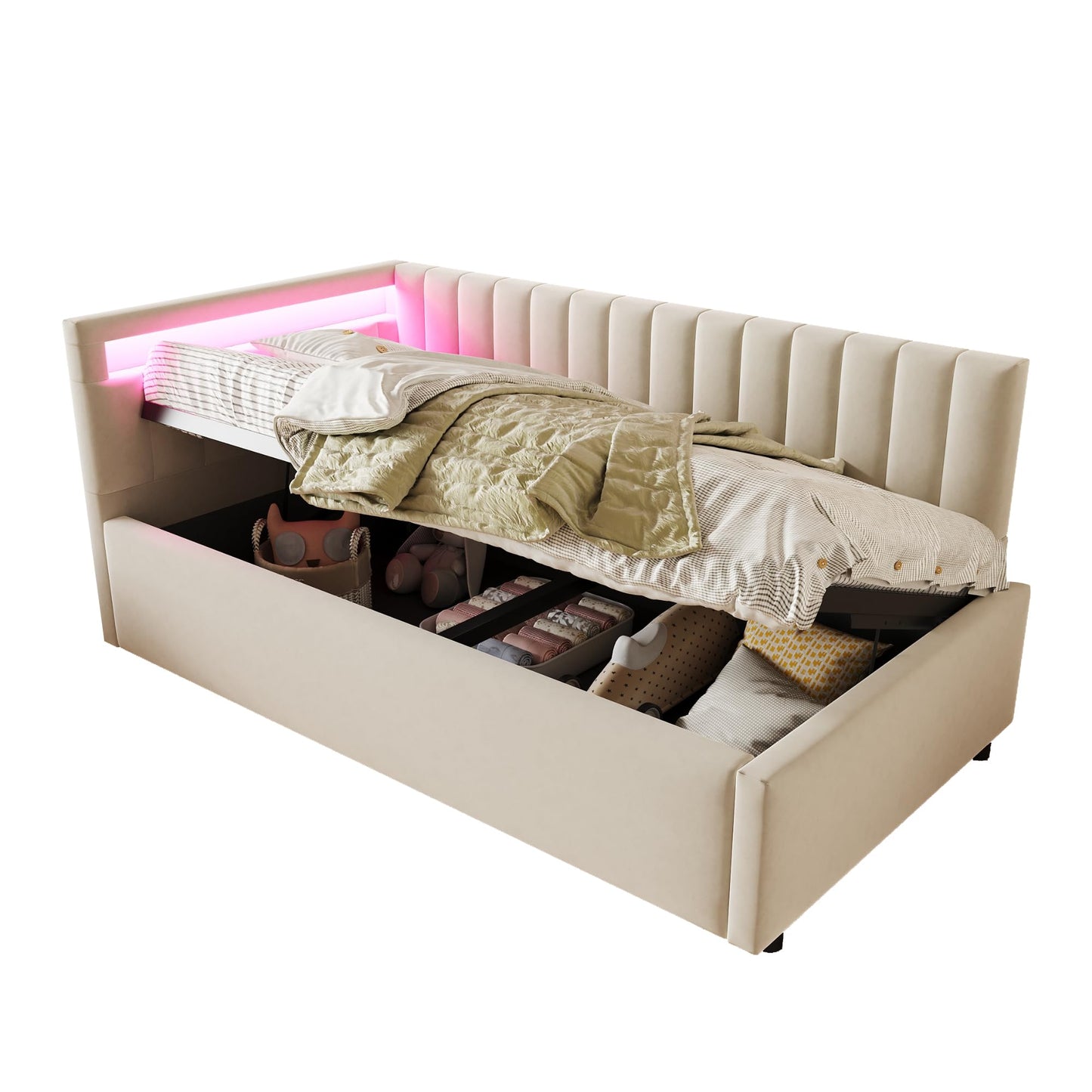 KEYIDE Upholstered Sofa Bed, 140 x 200 cm with LED Lighting and USB Charging, Bed Frame with Wooden Slatted Frame, Day Bed, Guest Bed, Youth Bed, Velvet Fabric, Without Mattress (Grey, 140 x 200)