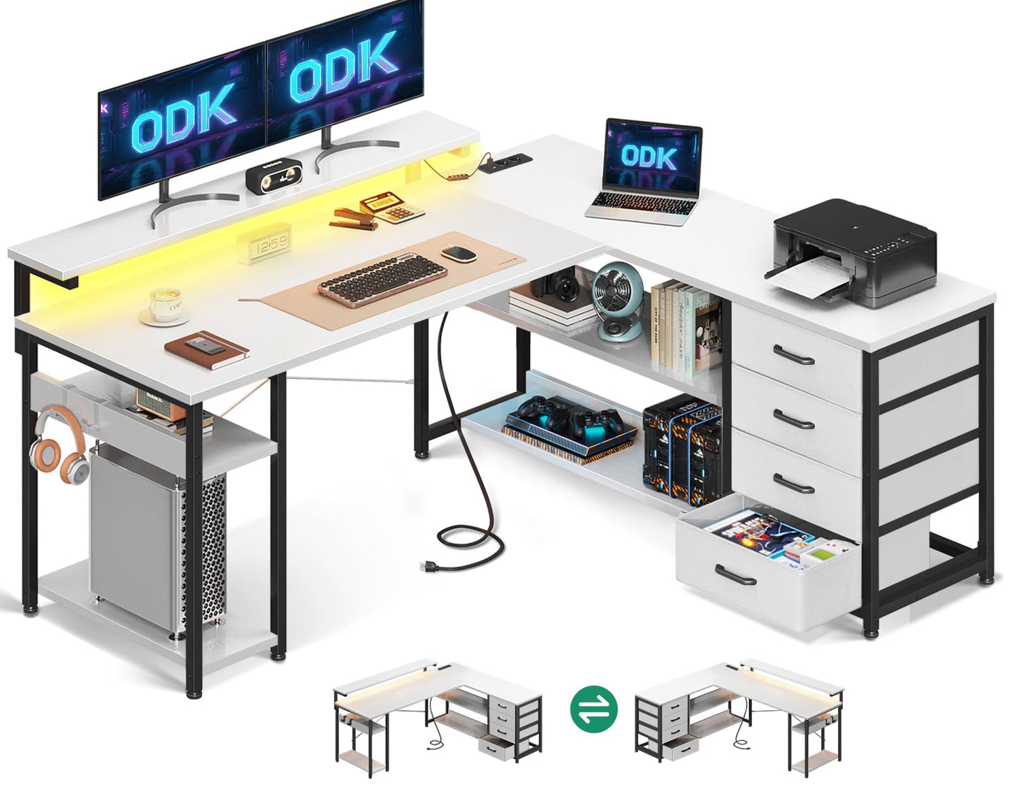 ODK Schreibtisch mit Schubladen, Reversible Eckschreibtisch mit 2 Steckdosen und 2 USB Ladeanschluss, Bürotisch L Form mit LED für Home Office 135×110cm (Graueiche)