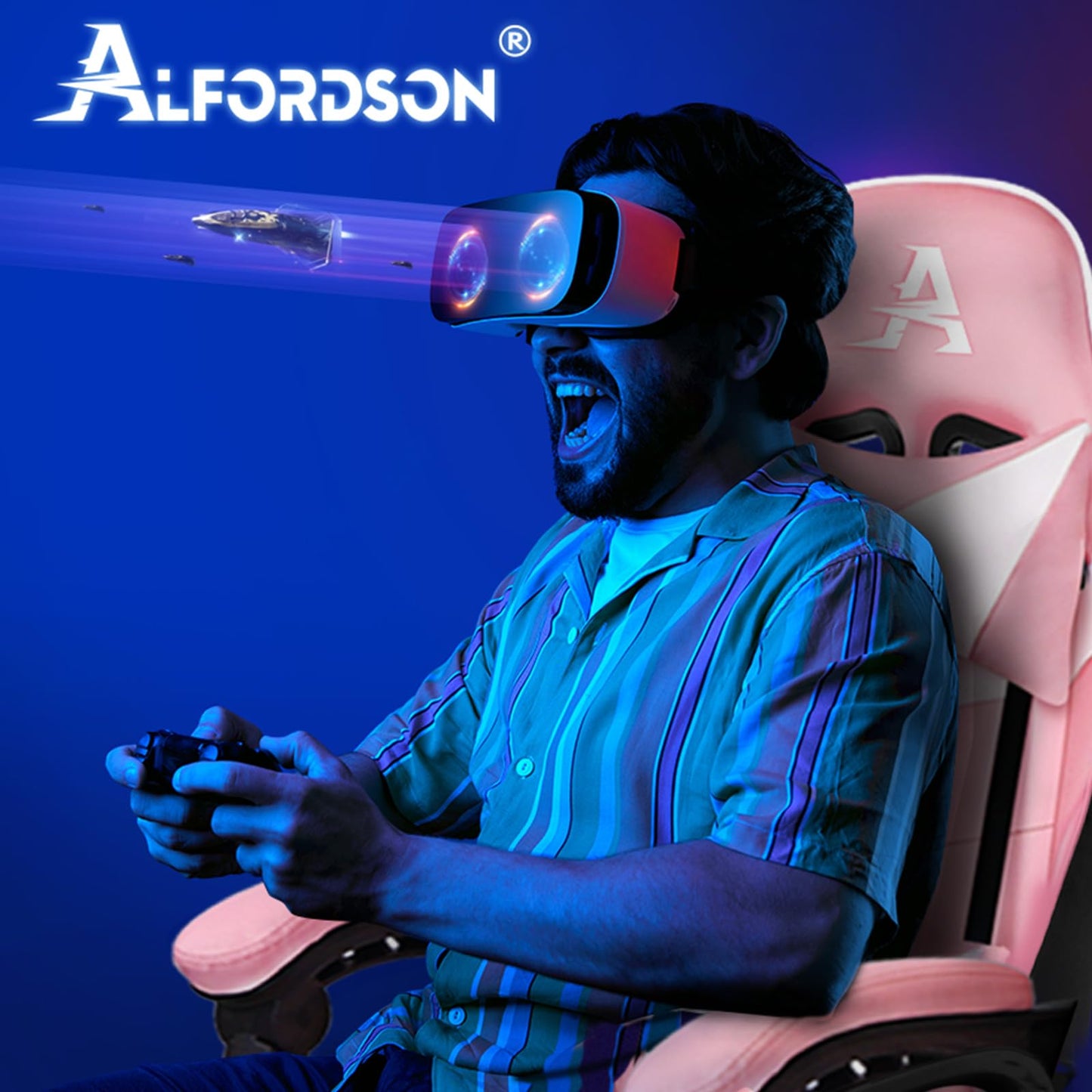 ALFORDSON Videospielstuhl, ergonomischer Bürostuhl, Massage-Rennstuhl, einziehbare Fußstütze, PU-Leder, höhenverstellbar und neigbar, 180 kg Tragkraft, Schwarz