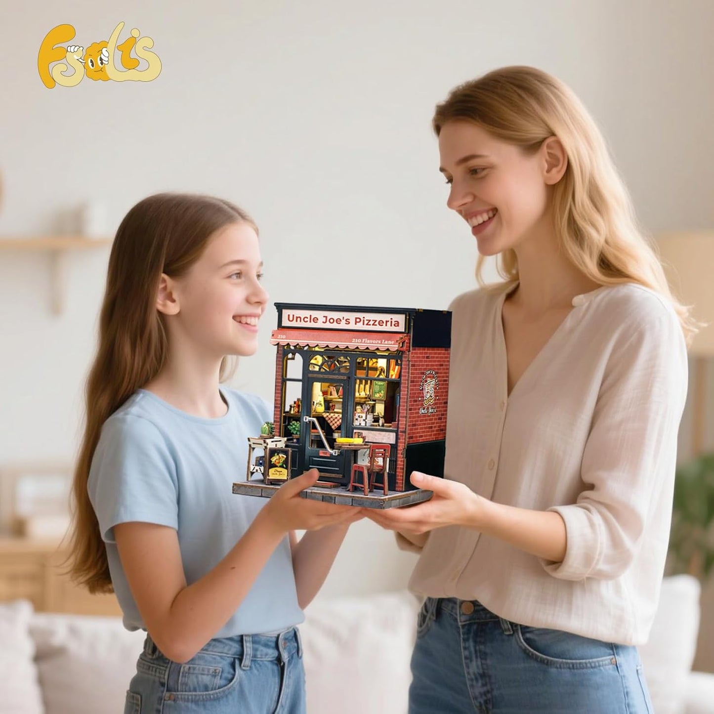 Fsolis Book Nook Kit - DIY Häuser Bausatz mit LED Beleuchtung - Retro Miniatur Bücherregal Deko Jugendliche und Erwachsene(Uncle Joe's Pizzeria)