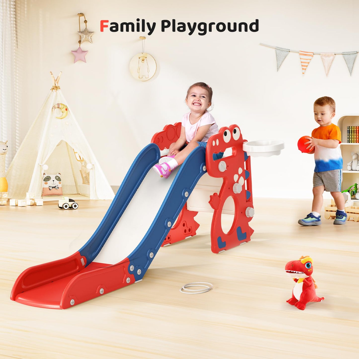 Krovtoy Kleinkindrutsche mit Weihnachtselch-Motiv, freistehende Kleinkindrutsche mit Golf-Set, Babyrutsche, Spielplatzgerät, für den Innen- und Außenbereich (Grau Beige - 6 in 1)