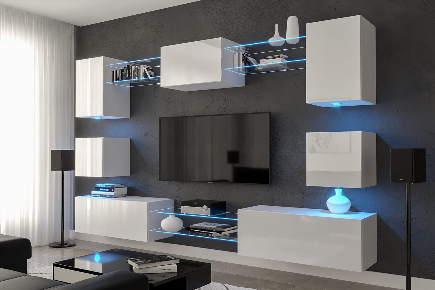 Furnitech Living Room Wall Unit | Hanging Living Room Wall Unit Modern | Living Room Cabinet Wall with Shelves and TV Cabinet | Living Room Furniture without LED (Nowara AN1-17S-M50 1A)