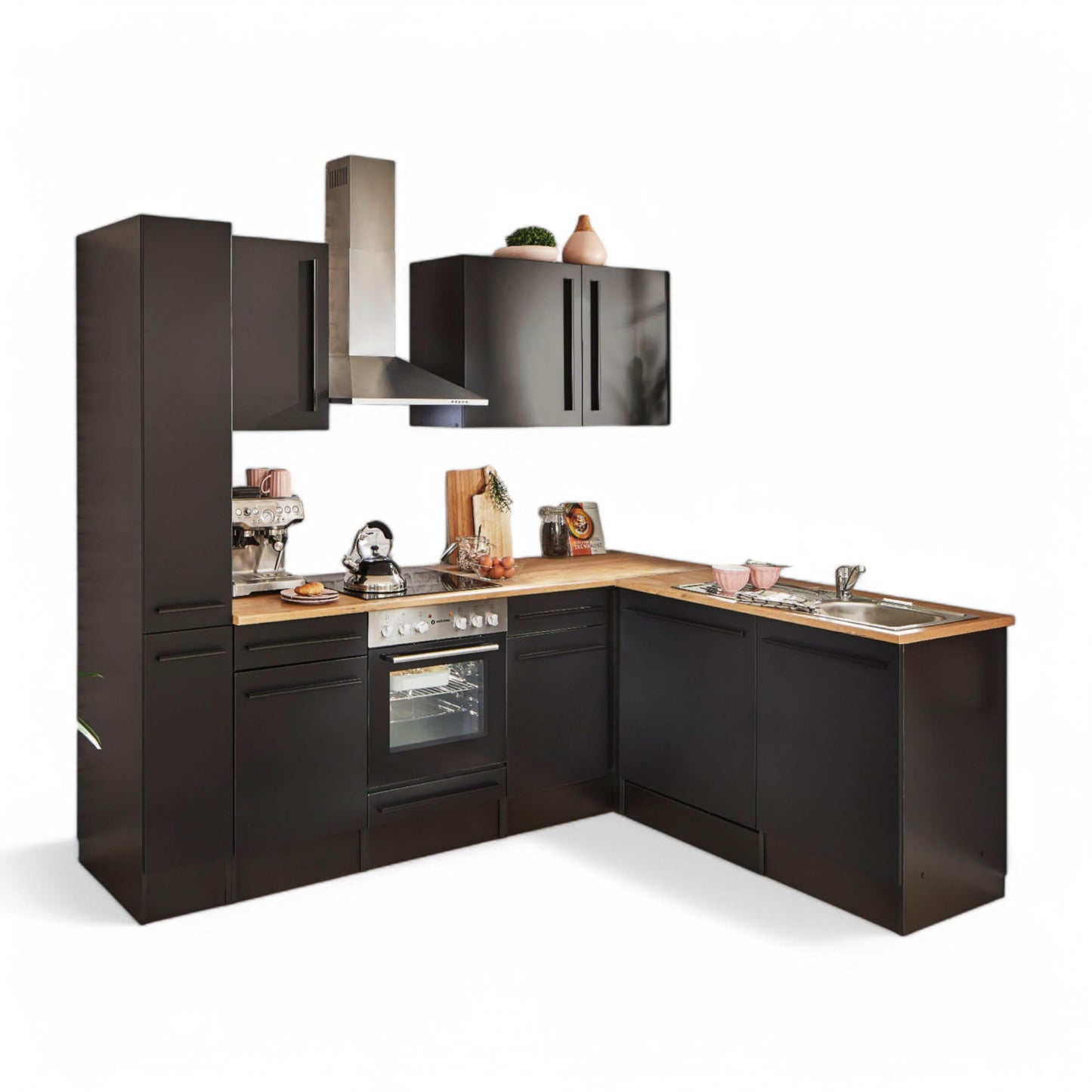 Jazz 8 Modern Corner Kitchen without Electrical Appliances in White High Gloss, Metallic Grey - Spacious Kitchen Unit in L-Shaped with Lots of Storage Space - 220 x 211 x 60 cm (W x H x D)