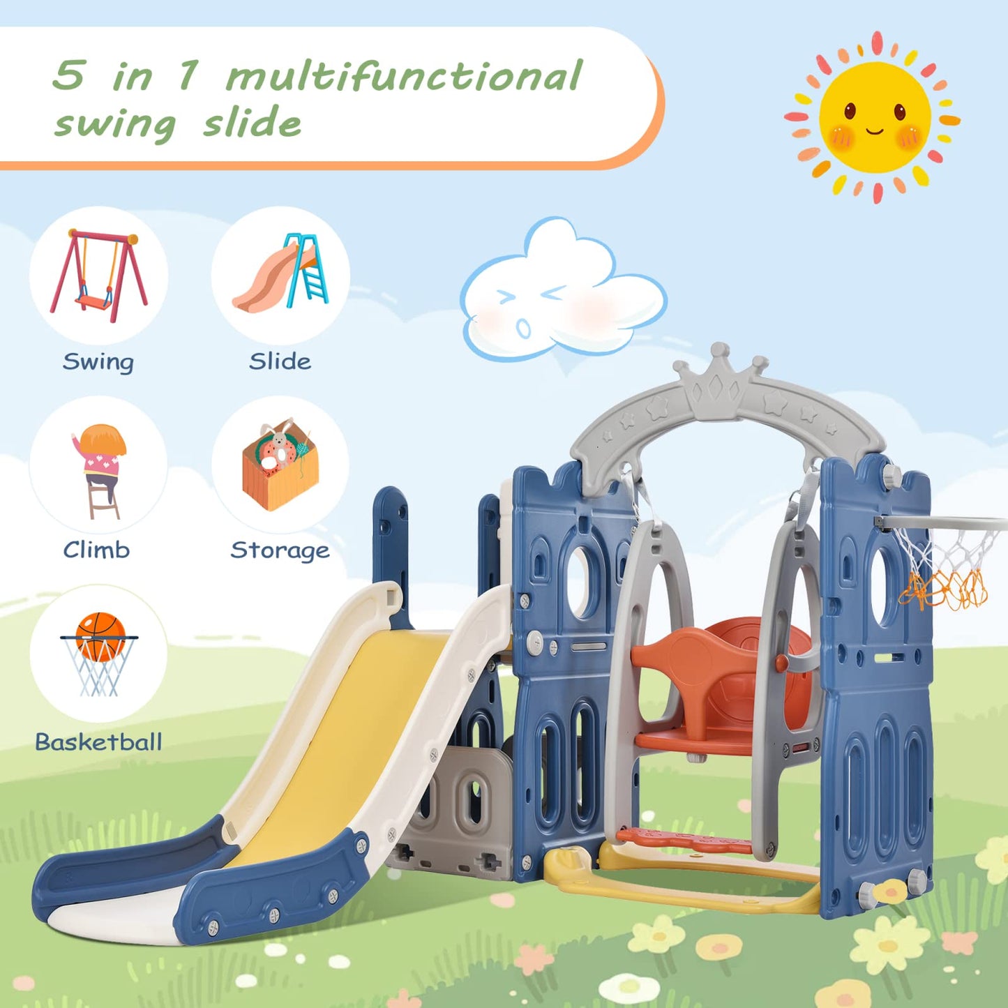 BestAlice 4 in 1 Kinderrutsche Set für Outdoor und Innen, Spielplatz mit Schaukel, Basketballkorb, Kletterleiter, Indoor- und Outdoor-Spielset, 18 Monate + (Blau)