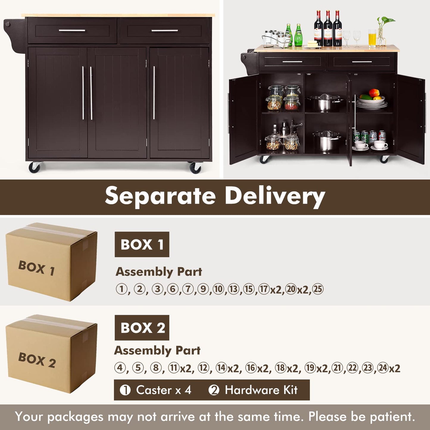 GOPLUS Kitchen Trolley on Wheels, Mobile Kitchen Island with 6 Compartments & 2 Drawers, Adjustable Shelves & Towel Rail, Service Trolley with Worktop (Black)