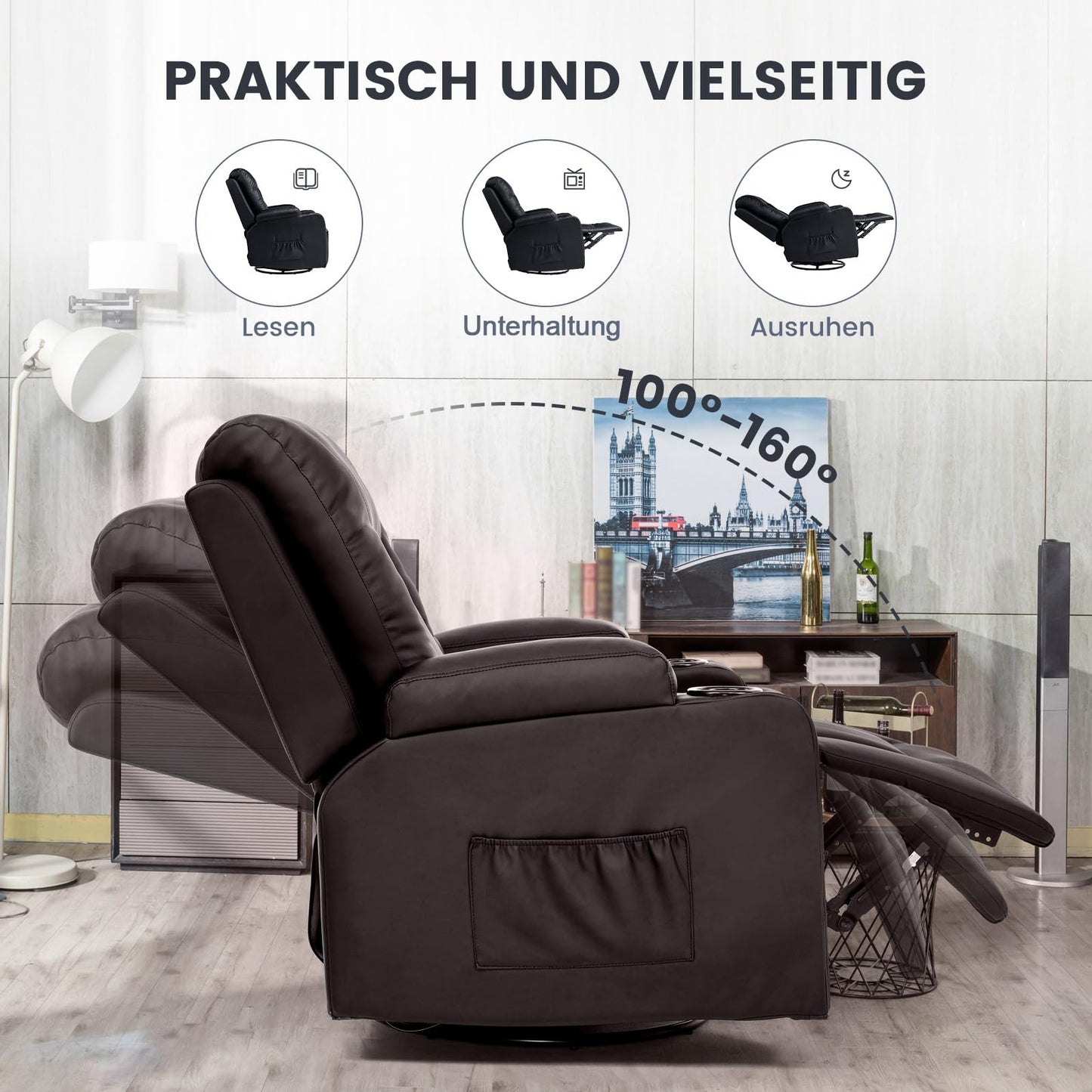 COMHOMA Relaxsessel-Set, Sofa, Sofa-Set aus Kunstleder, Fernsehsessel Ruhesessel Liegesessel mit Liege-Funktion Polstersessel Schlafsessel für Wohnzimmer Schlafzimmer Heimkino,Schwarz, 3+2+1