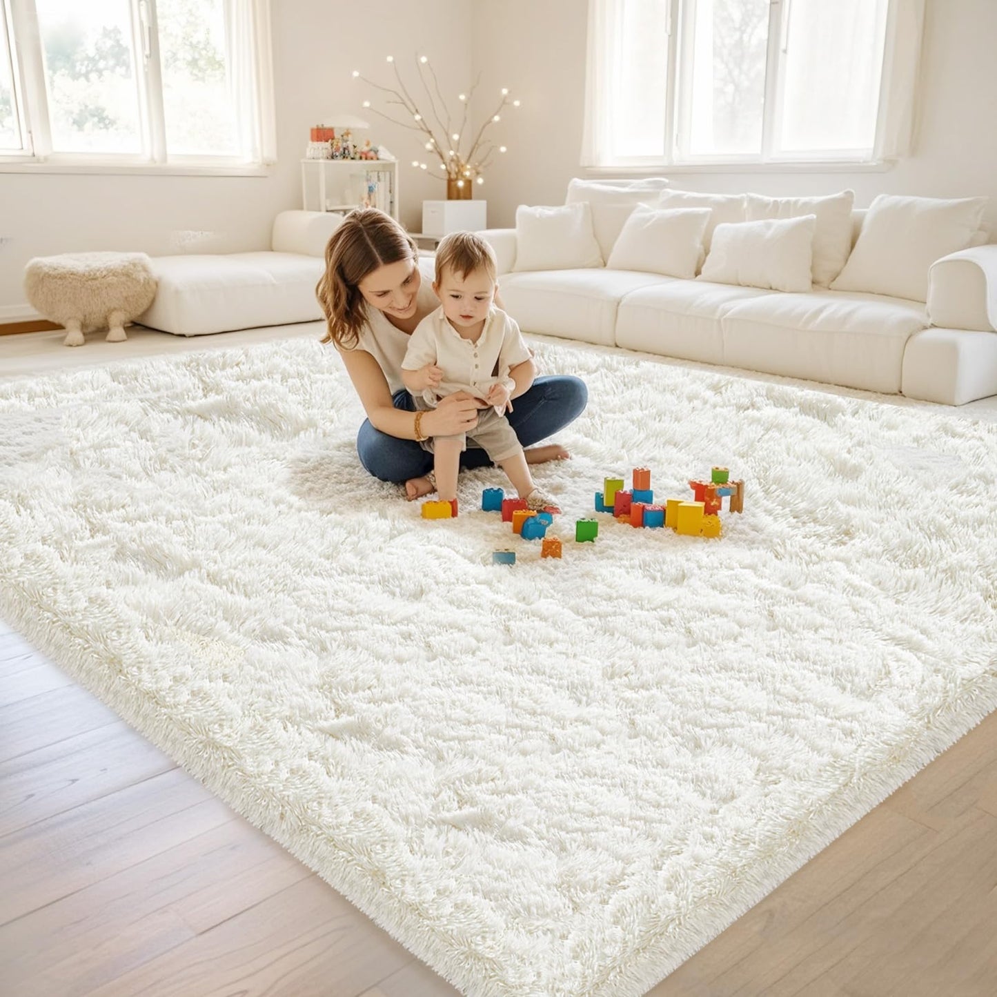 High Pile Living Room Rug, 140 x 200 cm, Cream Fuzzy Shaggy Fluffy Rug for Bedroom Rugs, Modern Plush Living Room Rug, Bed Rug, High-Pile Carpet, Non-Slip for Children's Room
