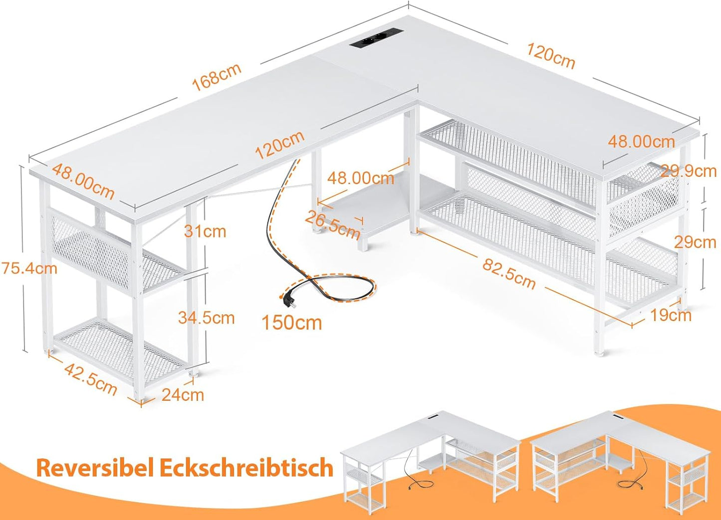 ODK Gaming Tisch, Reversibel Gaming Schreibtisch mit 2 Steckdosen und 2 USB Ladeanschluss, Eckschreibtisch für Office und Gaming, Weiß, 150×102cm