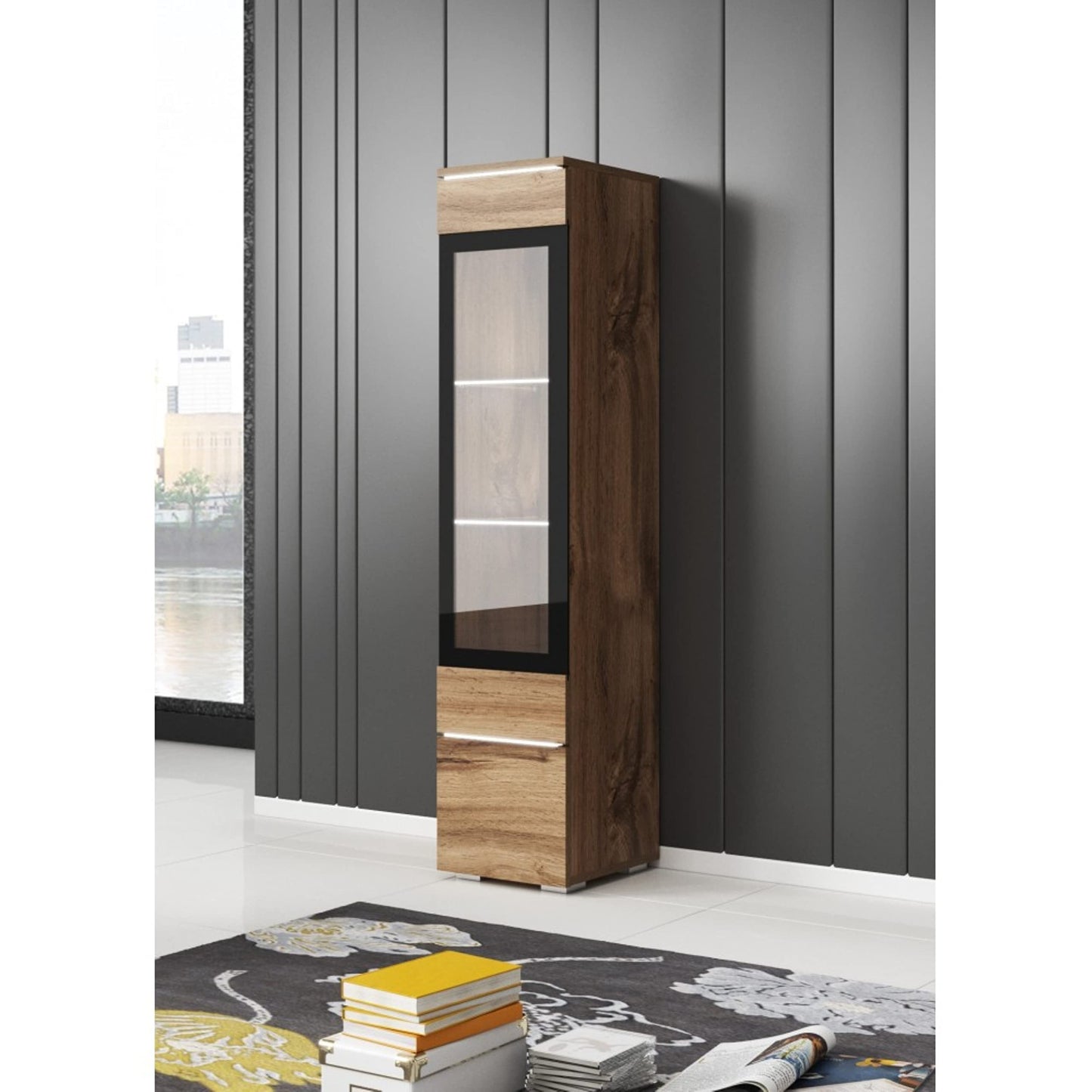 MINIO go for it Veve 2, 4-Piece Wall Unit Set, Hanging or Standing, 2 x Tall Cabinet Display Cabinets, Lowboard, Wall Board, Laminated Clamping Plate, Wotan Oak and Black Gloss, without Lighting