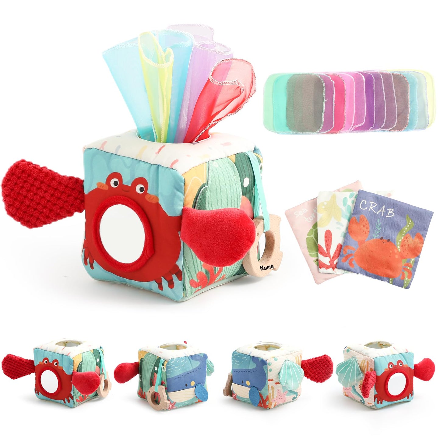 WOODEN TEETHER Tissue Box Montessori Motorikspielzeug, 6-12 Monate Sensorik Baby Spielzeug mit Spiegel, Farben, Texturen, Kinder Frühes Lernspielzeug für Jungen Mädchen Geschenke