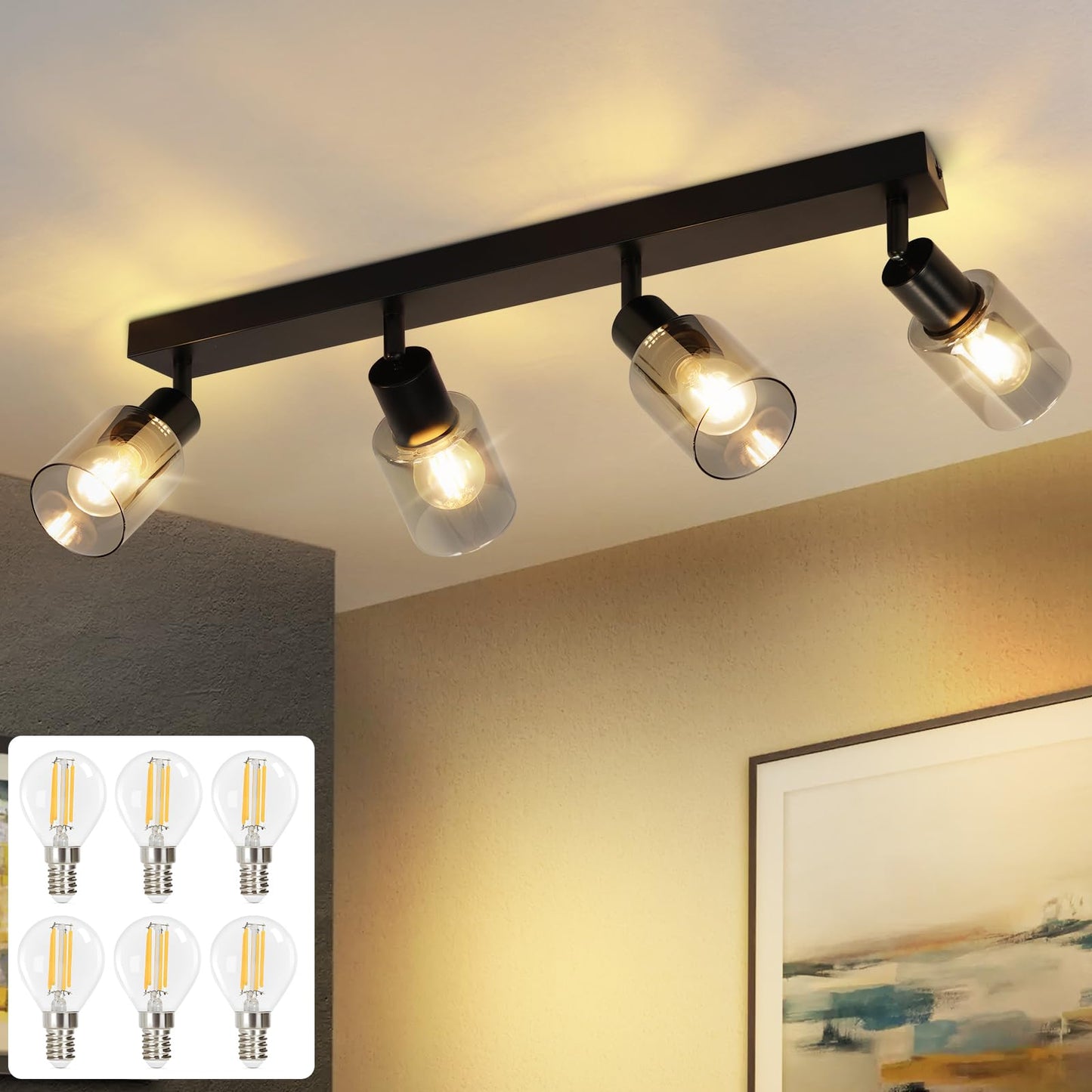 Kowanie Deckenlampe Vintage 6 flammig: Industrial Wohnzimmerlampe Schwarz Deckenleuchte Wohnzimmer retro Kronleuchter aus Glas Deckenbeleuchtung inkl. 6 × E14 2700K Leuchtmittel für Küche