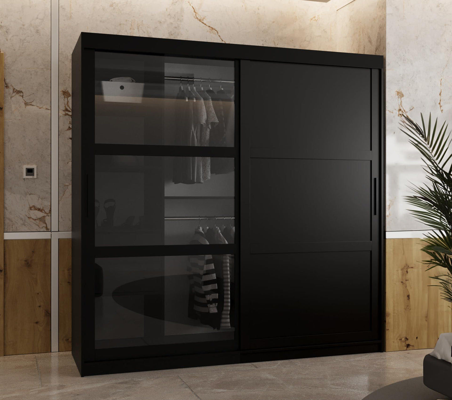 MEBLE KRYSPOL Dome 2 Schrank mit DREI Schiebetüren mit Spiegel, Stangen und Regalen - Aufbewahrungsschrank mit Rauchglas für Schlafzimmer, Wohnzimmer - 200x250x62cm - Schwarz, Schwarz, Schwarz