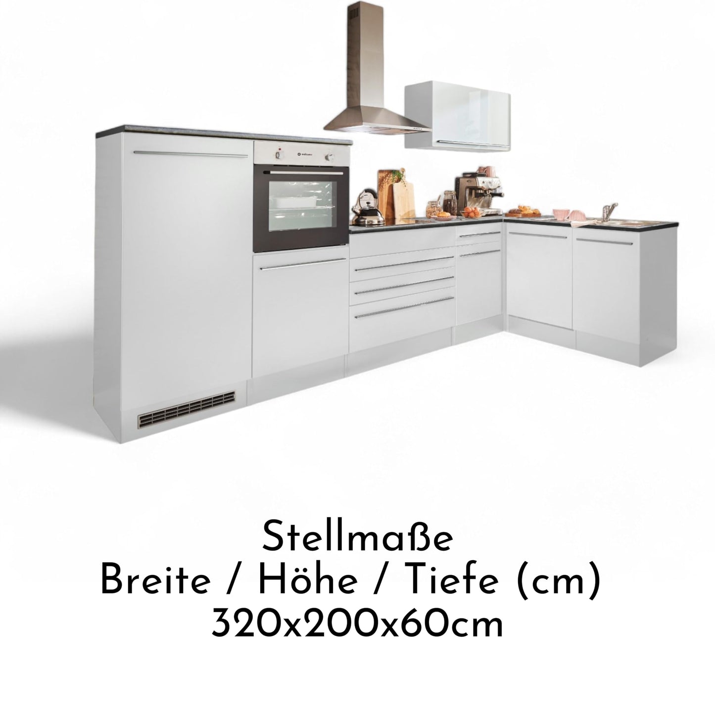 Jazz 4 Modern Corner Kitchen with Electrical Appliances in White High Gloss, Metallic Grey - Spacious Kitchen Unit in L-Shaped with Lots of Storage Space - 320 x 200 x 60 cm (W x H x D)