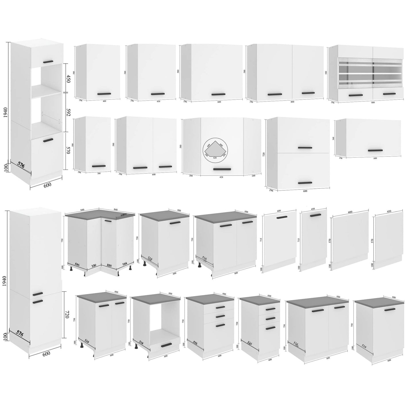 Belini Linda Kitchen Unit, Kitchen Furniture 240 cm, Fully Equipped without Electrical Appliances, with Wall Cabinets and Base Cabinets, with Worktops, Matt White