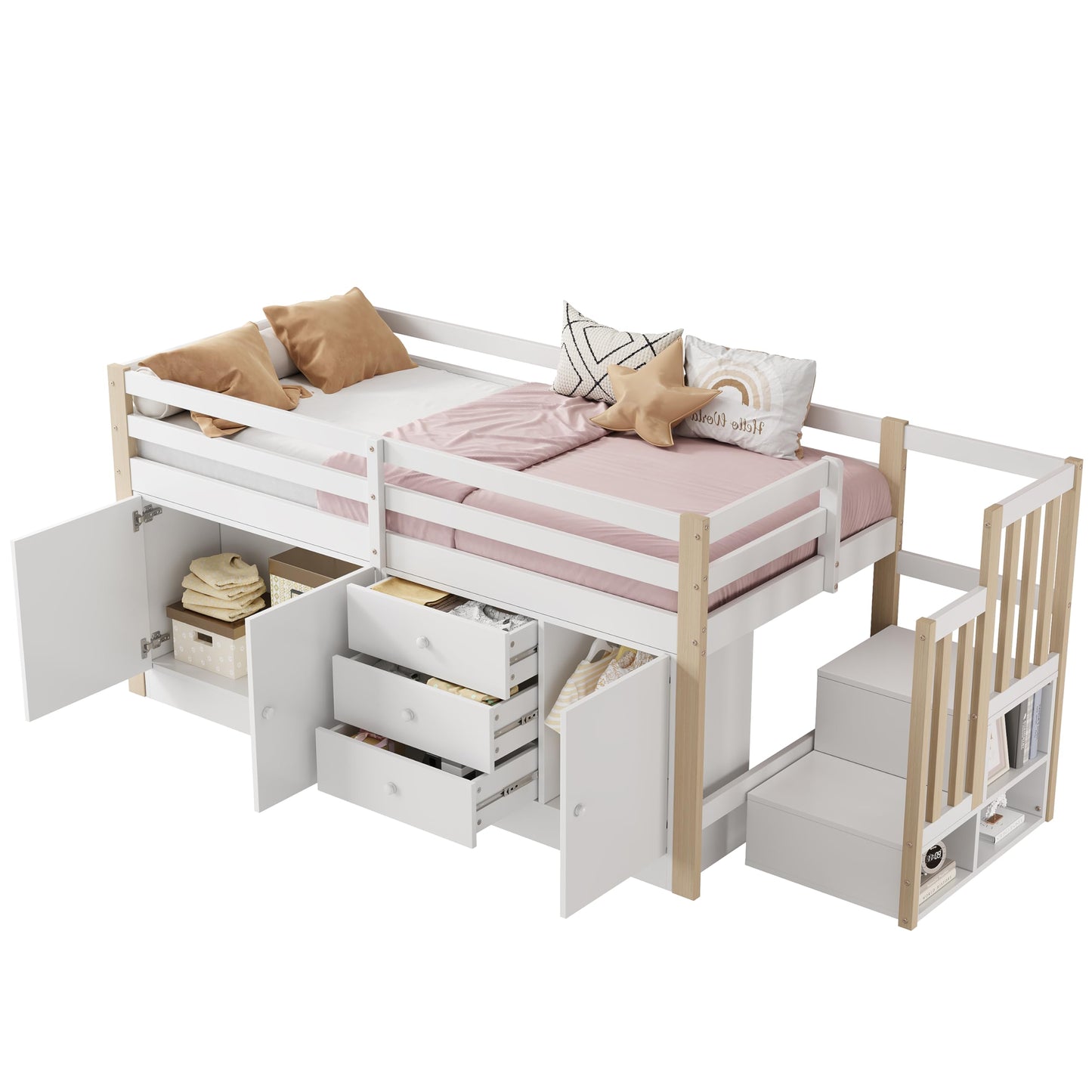 Merax Kinderbett 90x200 cm aus Holz, Multifunktionales Hochbett mit austauschbarer Treppe & Stauraum, Schubladen als Schreibtisch nutzbar, Weiß (Ohne Matratze)