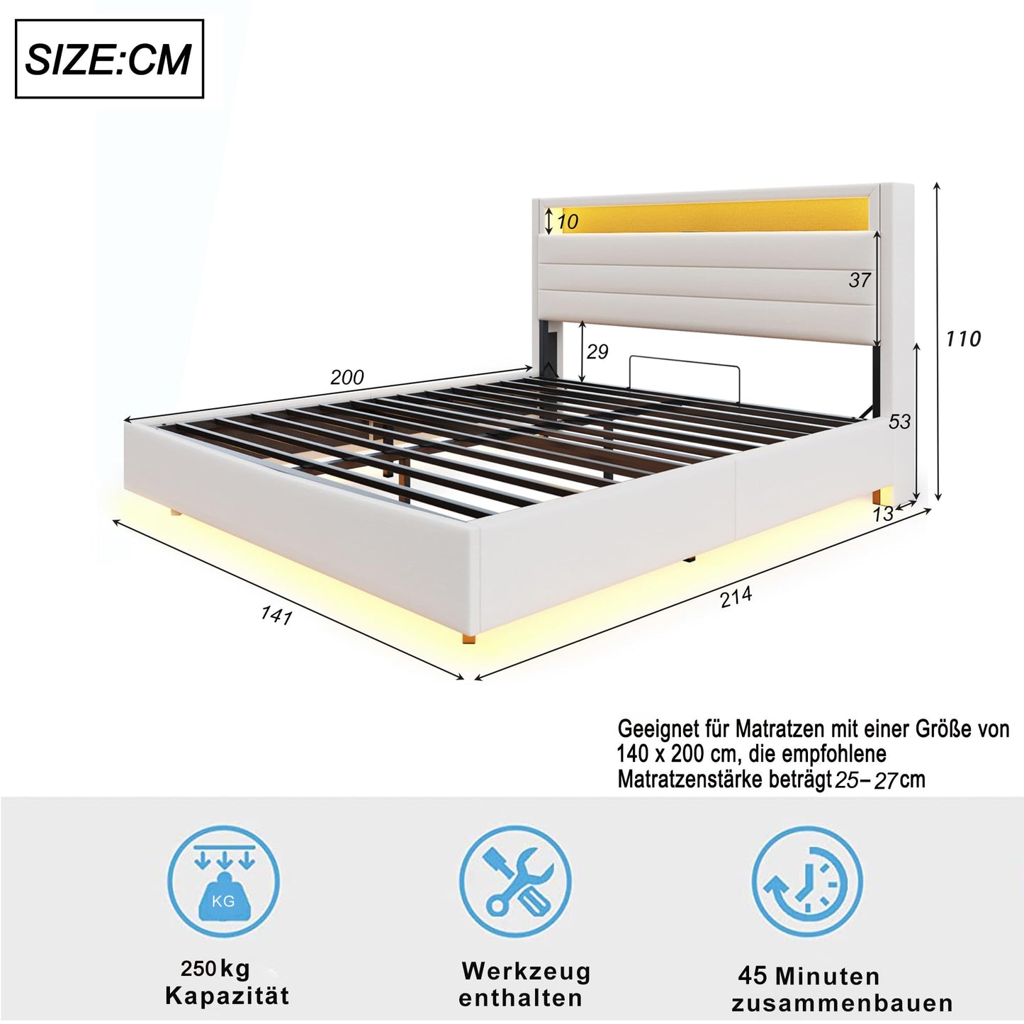 LAKFEW Upholstered Bed 140 x 200 cm, Double Bed Functional Bed with USB Socket and LED Lighting, Hanging Bed Headboard with Concealed Storage Space, Bed Frame Bed with Slatted Frame, Linen, Without