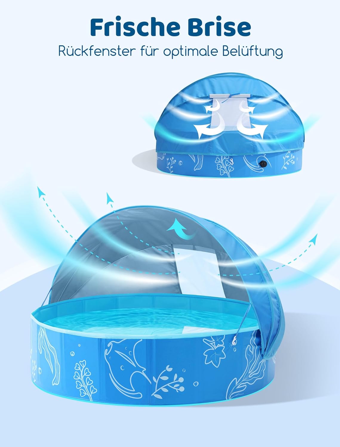 Hikiddy Schattiges Planschbecken für Kinder: 119,4 cm Pop-Up-Babypool mit Schatten für Sommer, Strand, Garten, Badespielzeug, Blau