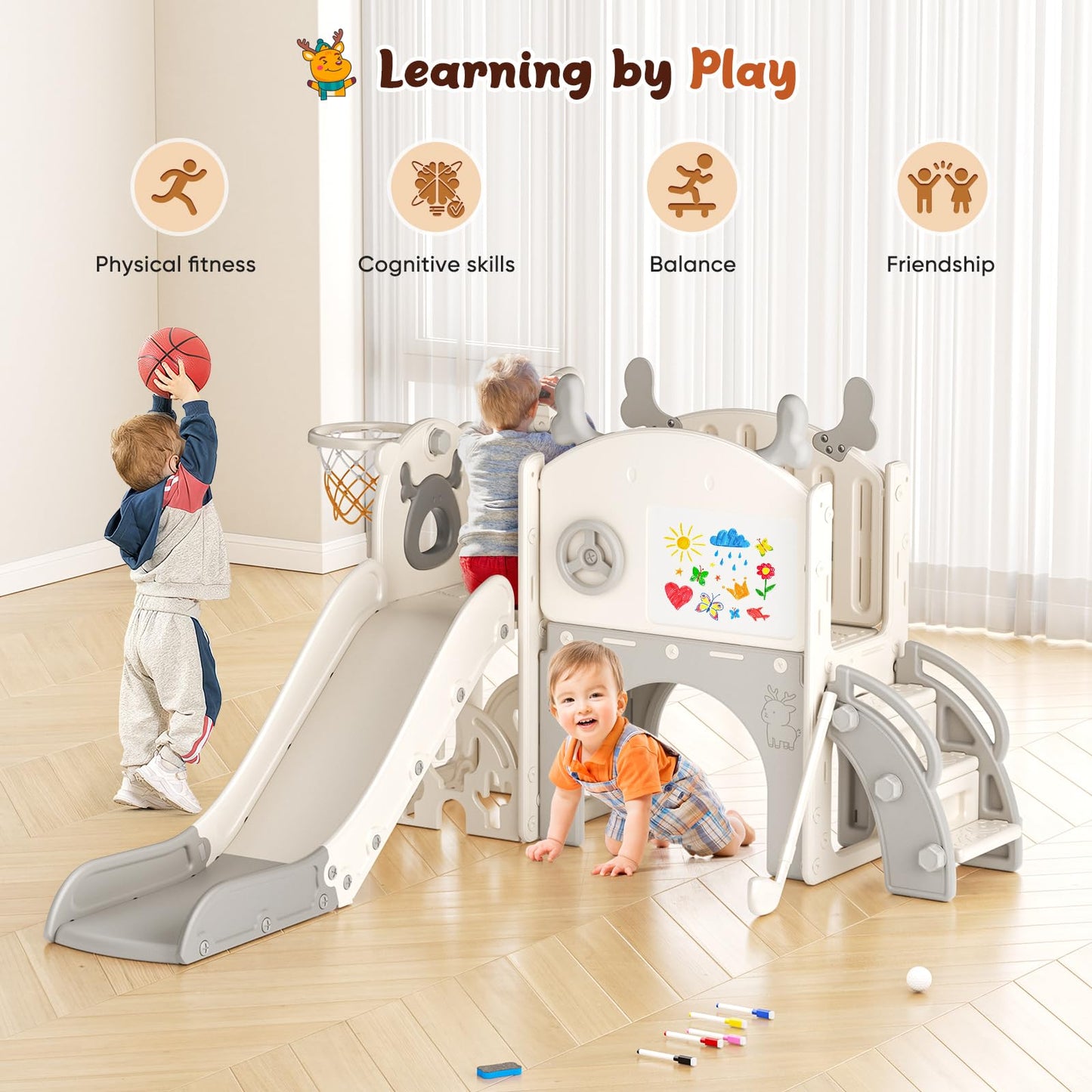 Krovtoy Kleinkindrutsche mit Weihnachtselch-Motiv, freistehende Kleinkindrutsche mit Golf-Set, Babyrutsche, Spielplatzgerät, für den Innen- und Außenbereich (Grau Beige - 6 in 1)