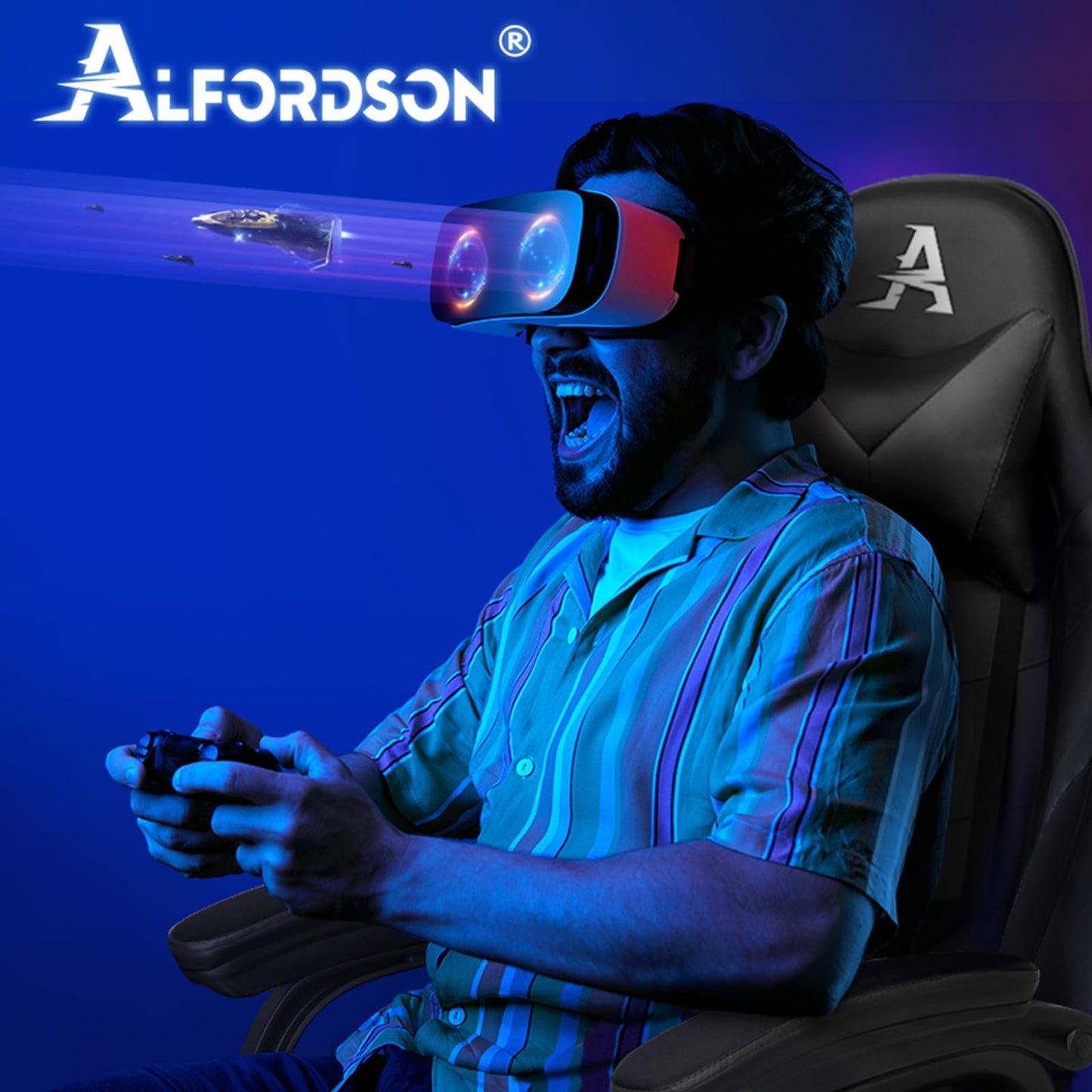 ALFORDSON Videospielstuhl, ergonomischer Bürostuhl, Massage-Rennstuhl, einziehbare Fußstütze, PU-Leder, höhenverstellbar und neigbar, 180 kg Tragkraft, Schwarz
