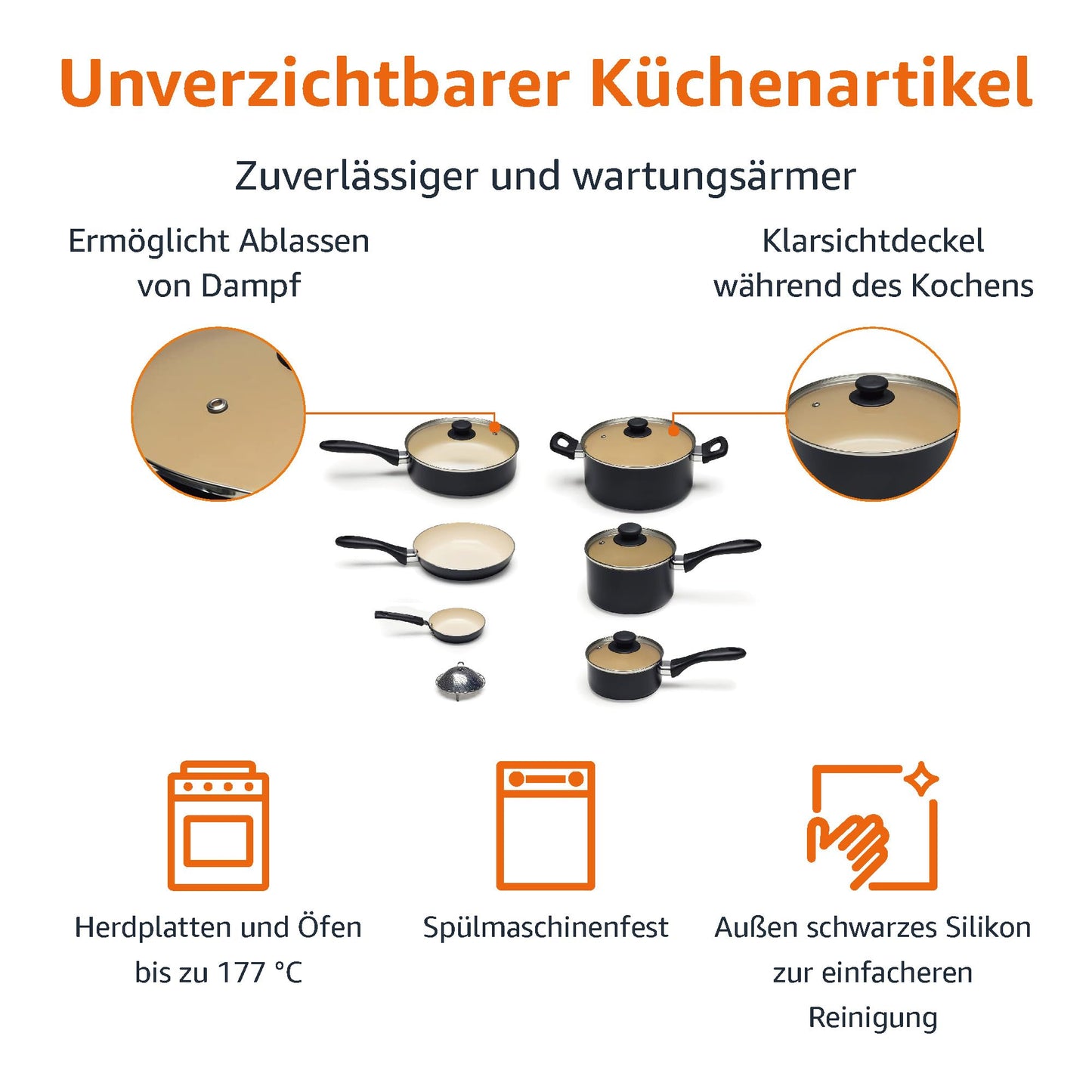 Amazon Basics 11-teiliges Kochgeschirr-Set mit Töpfen und Pfannen aus Keramik, antihaftbeschichtet, PFOA- und PTFE-frei, Schwarz/Creme